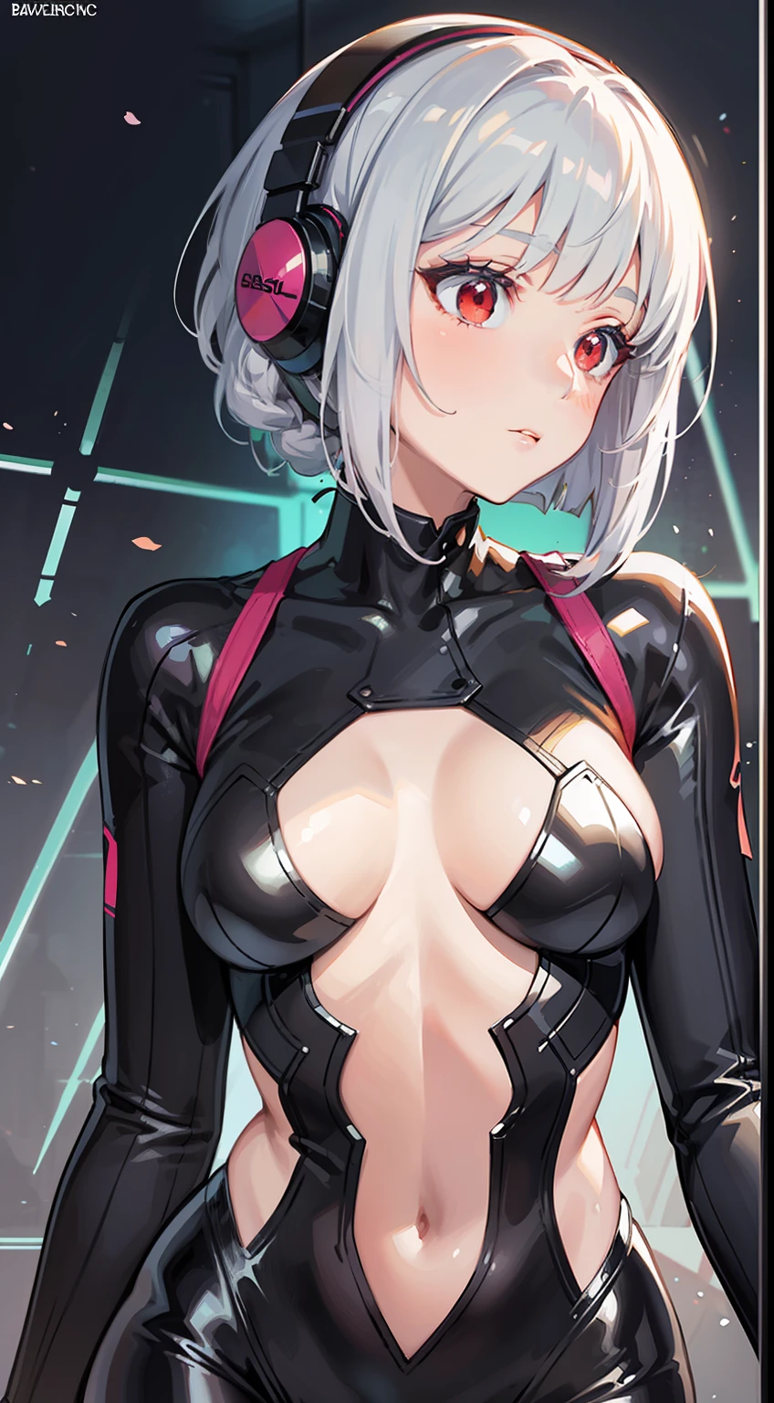1 Whole body of a girl, has silver hair, Red eyes, bob cuts, Braids, body suit, pilotsuit, Leotard, tights, headphones, concept-art, beautiful anime scene, Beautiful anime scenery, beste-Quality, A masterpice