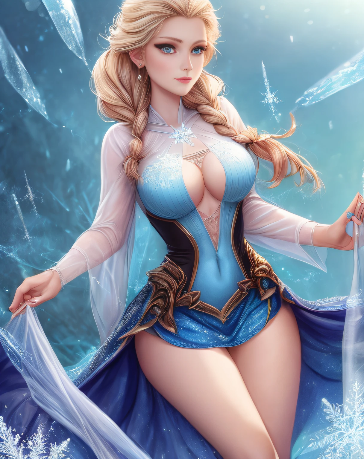 (best quality, masterpiece), Digital art women breast view 👀, imagine v1, 9:16 rotate, 8K UHD, cute beautiful Elsa frozen, Frozen transparent dressed, a large open shirt in the abdomen and chest, showing through clothing, short dress princess, Short sexy skirt, beautiful sexy hard breast, transparent skirt and cloak, sexy Elsa, Elsa Disney princess, beautiful Elsa, half open chest dress, beautiful art,