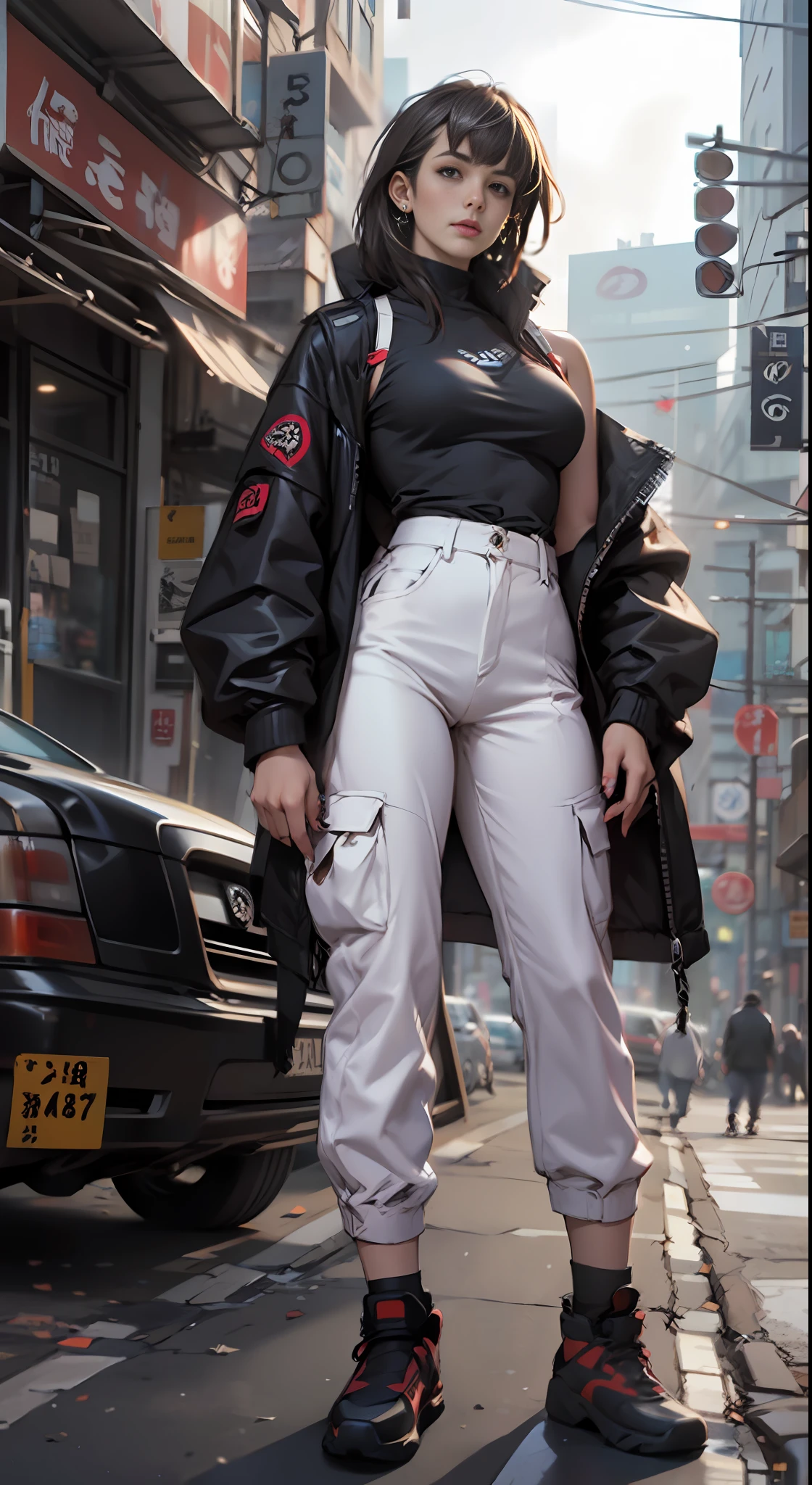 Full body, standing tall, arafed beautyful lady in black jacket and white pants standing on street corner, loose tank top, high waist cargo pants. cyberpunk city, standing tall, busty, in a city street, Shifted Bangs Japanese Haircut, wearing urban techwear, realistic depiction, standing in a city center, an ultra realistic, promo image, techwear look and clothes, in city street, hyper-realistic, hyper - realistic, wojtek fus, hyper realistic style
