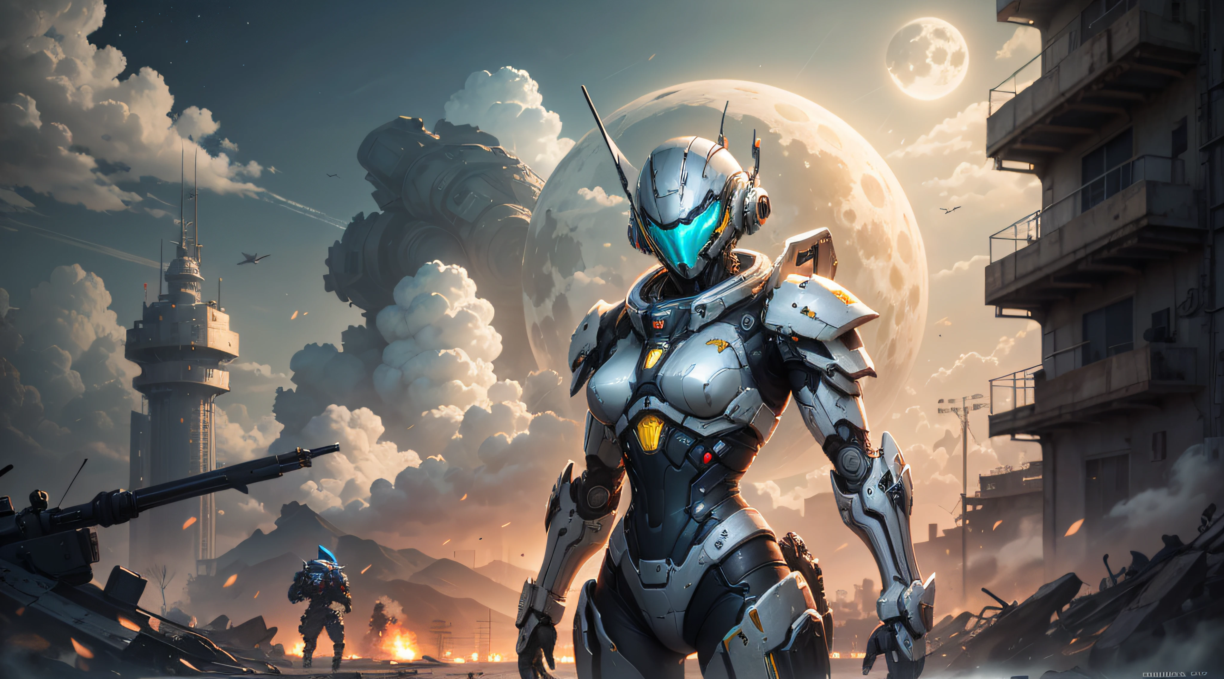 Marine space, Martelo 40,000, mundo em guerra, linda mulher cyberpunk com armadura mecha master chef halo muito detalhado, Mecha Warframe, cores vibrantes, vermelho, Branco, azul, verde, metallic yellow, enferrujada, Usado, sujo de sangue, with sky with clouds and full moon and battleships, corpo inteiro com armadura detalhada, campo de batalha sangrento, apocalyptic world, alien ruins,