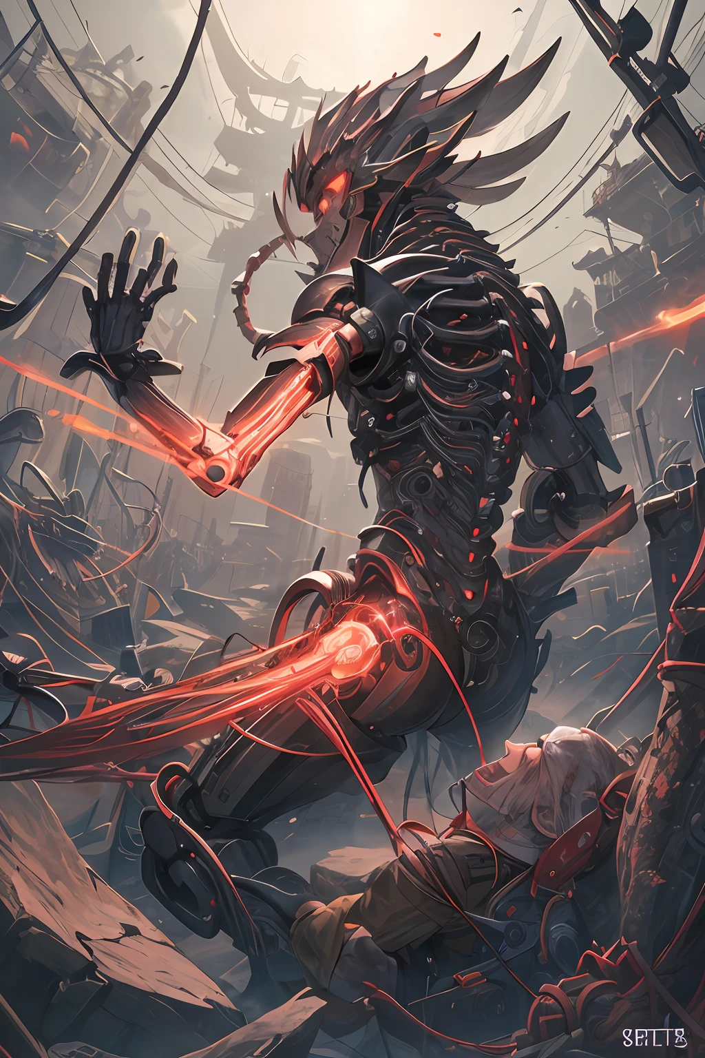 ((((obra-prima))), ((melhor qualidade))), ((ultra-detalhado)), (CG illustration), ((extremamente delicado e belo)),(de lado),电影光感, ((1 mechanical girl )), sole, de corpo inteiro, (Machine-made articulation: 1.2), ((machanical limbs)), (Blood Vessels Attached to Tubes), (mechanical spine connected to the back), ((Mechanical cervical vertebrae attached to the neck)), (sentado), forced laughter, (wires and cables around the neck: 1.2), (wires and cables on the head:  1.2) (foco do personagem), sci-fi, extremamente fino, colorido, os melhores cabelos brancos, olhos vermelhos, em batalha, (knot), (matando), (1 imortal), Dwarven Steam Gear Technology,