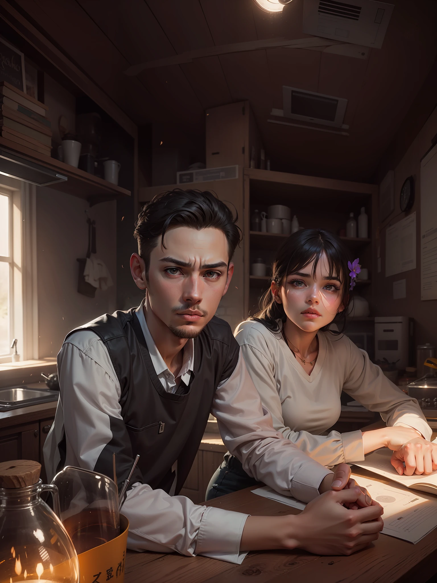 best quality, {best quality}, {{masterpiece}}, {highres}, {field field}, extremely detailed couple, illustration, couple, 1boy, 1girl, couple, love, love, romantic, sharp focus, male focus, female focus, black hair, violet eyes, sun, sunlight, lifting, t-shirts, men's leisure clothes, expressionless, women's fashion, forest, flowers, statement --auto --s2