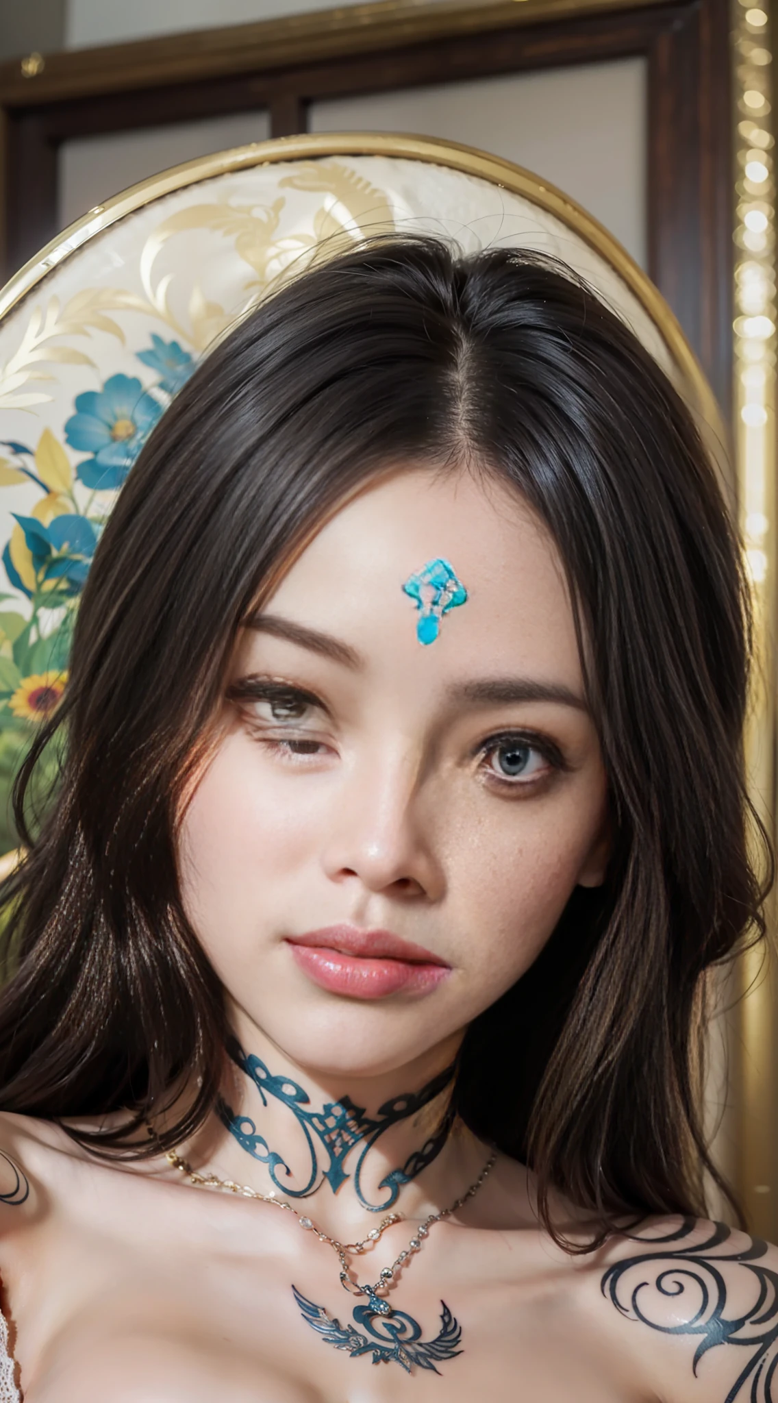 (Extremely detailed, In bed, filigree, Slightly fat, plumw, largebreasts,Sexy and feminine，Refined face,  Close-up of people)，The left and right eye colors are different（The left eye is red，The right eye is blue），There is a purple flame tattoo in the middle of the forehead