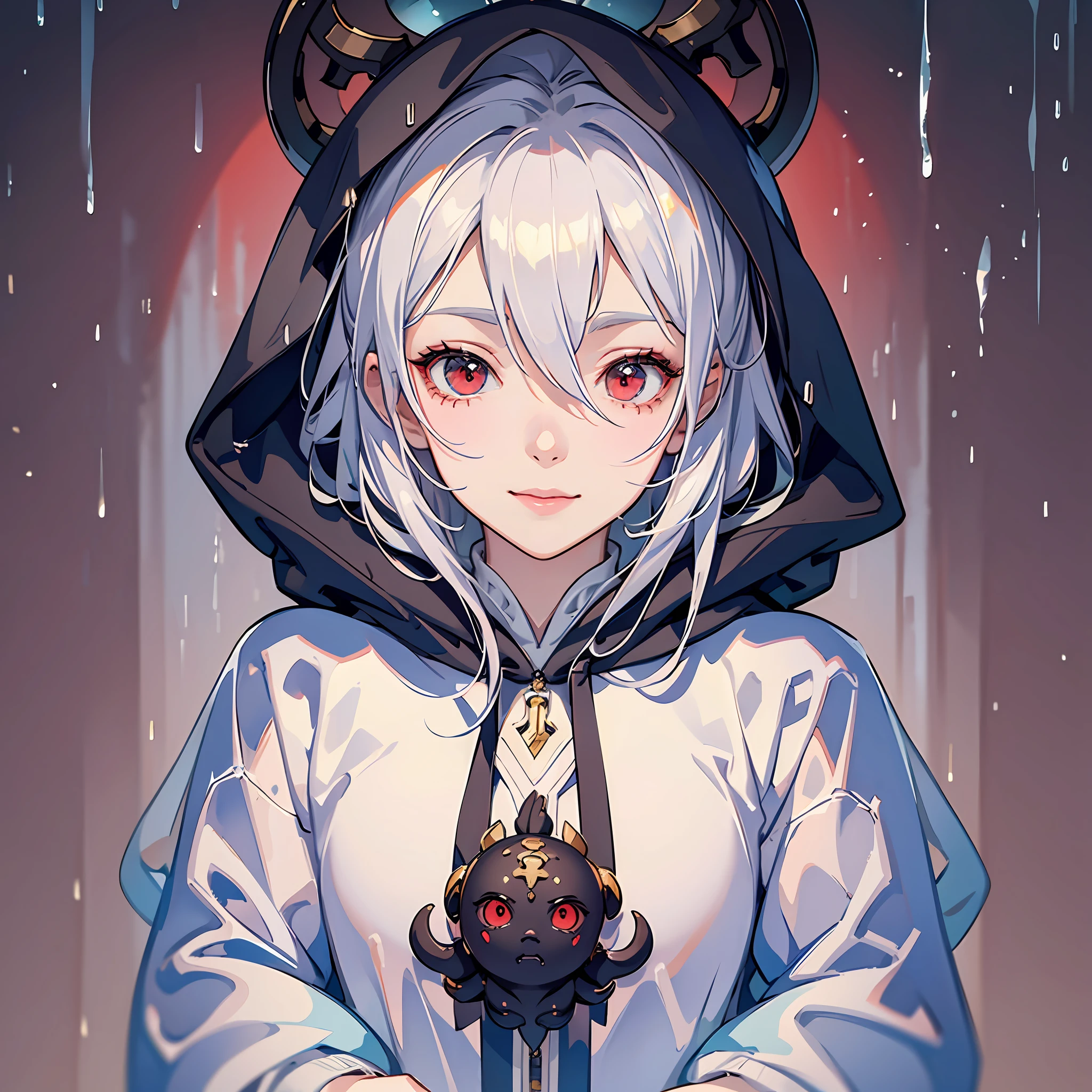 anime character with hoodie and hoodie on in the rain,1boy,white hair,red eyes, sans undertale, sans from undertale, [[[[grinning evily]]]], asriel dreemurr, ((zerator)), twisted god with no face, yoko taro, undertale, very scary, friedly smile, creepypasta, discord pfp, with no face, very aesthetic!!!!!!