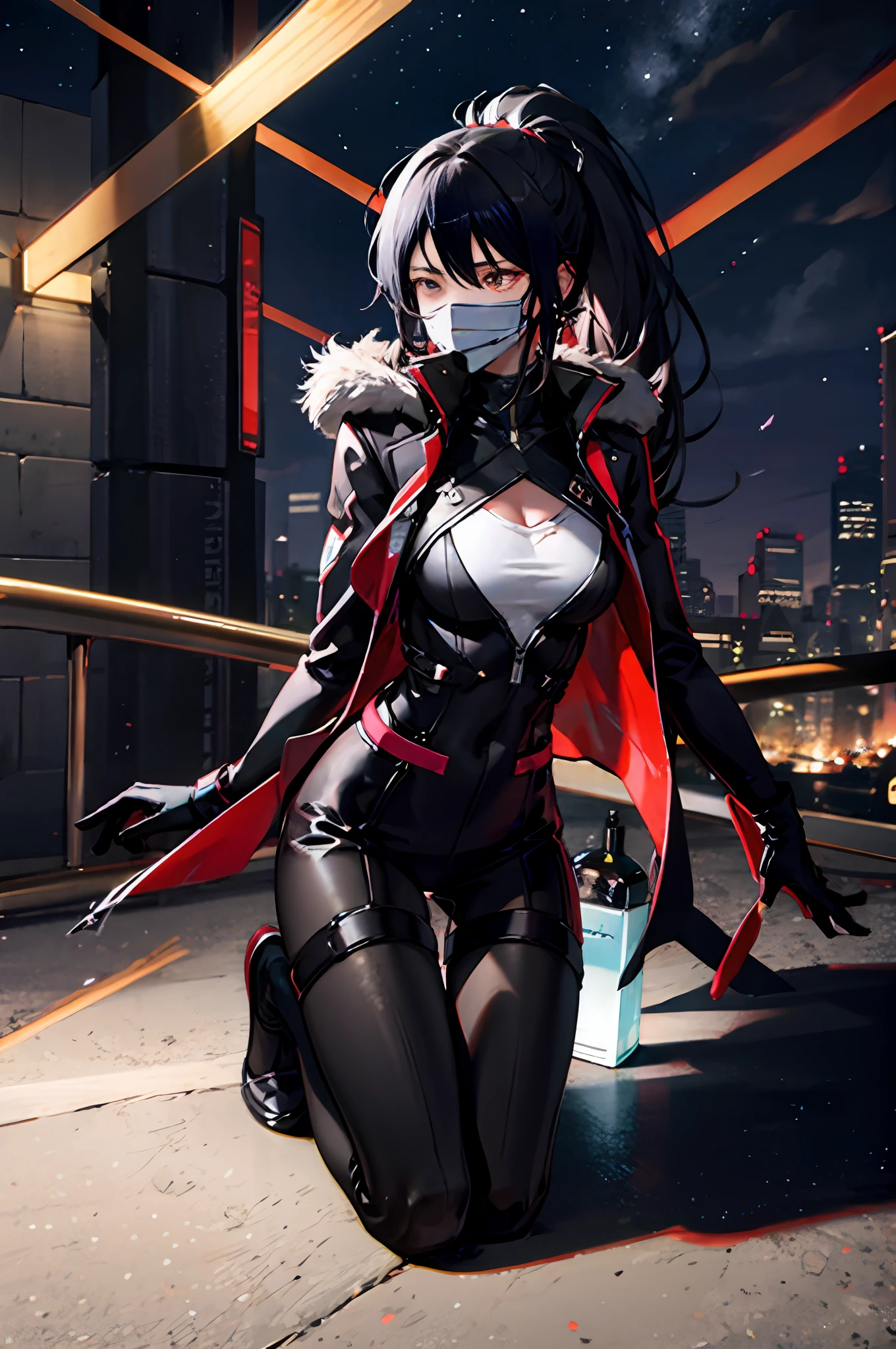 (((1 boy)),raytraced,(dimly lit by),[detailedbackground(Black night sky)),((cabelos preto e longos)),((black color hair)),(((((Black hair with fluffy hair))Wears a high ponytail)))Look straight ahead under the night sky((((The boy wears a crimson tech-style Assassin tights and a tech-inspired mask to cover his mouth)And wear naked finger gloves),Showing a delicate and capable body,Correct limbs,Half kneeling on the roof of the building