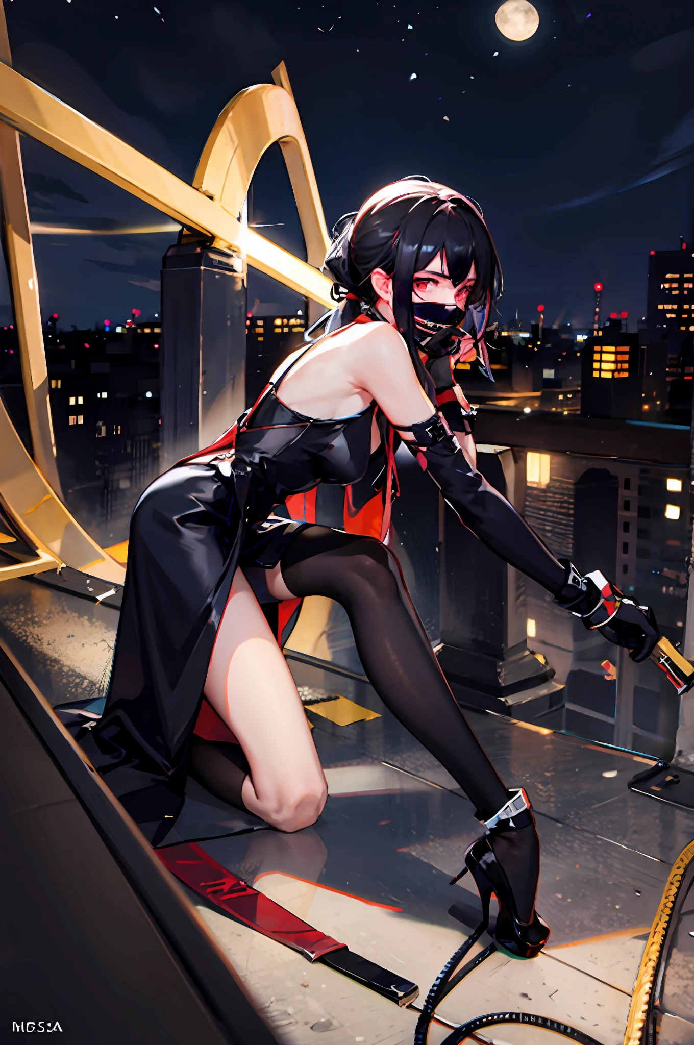 (((1 boy)),raytraced,(dimly lit by),[detailedbackground(Black night sky)),((cabelos preto e longos)),((black color hair)),(((((Black hair with fluffy hair))Wears a high ponytail)))Look straight ahead under the night sky((((The boy wears a crimson tech-style Assassin tights and a tech-inspired mask to cover his mouth)And wear naked finger gloves),Showing a delicate and capable body,Correct limbs,Half kneeling on the roof of the building