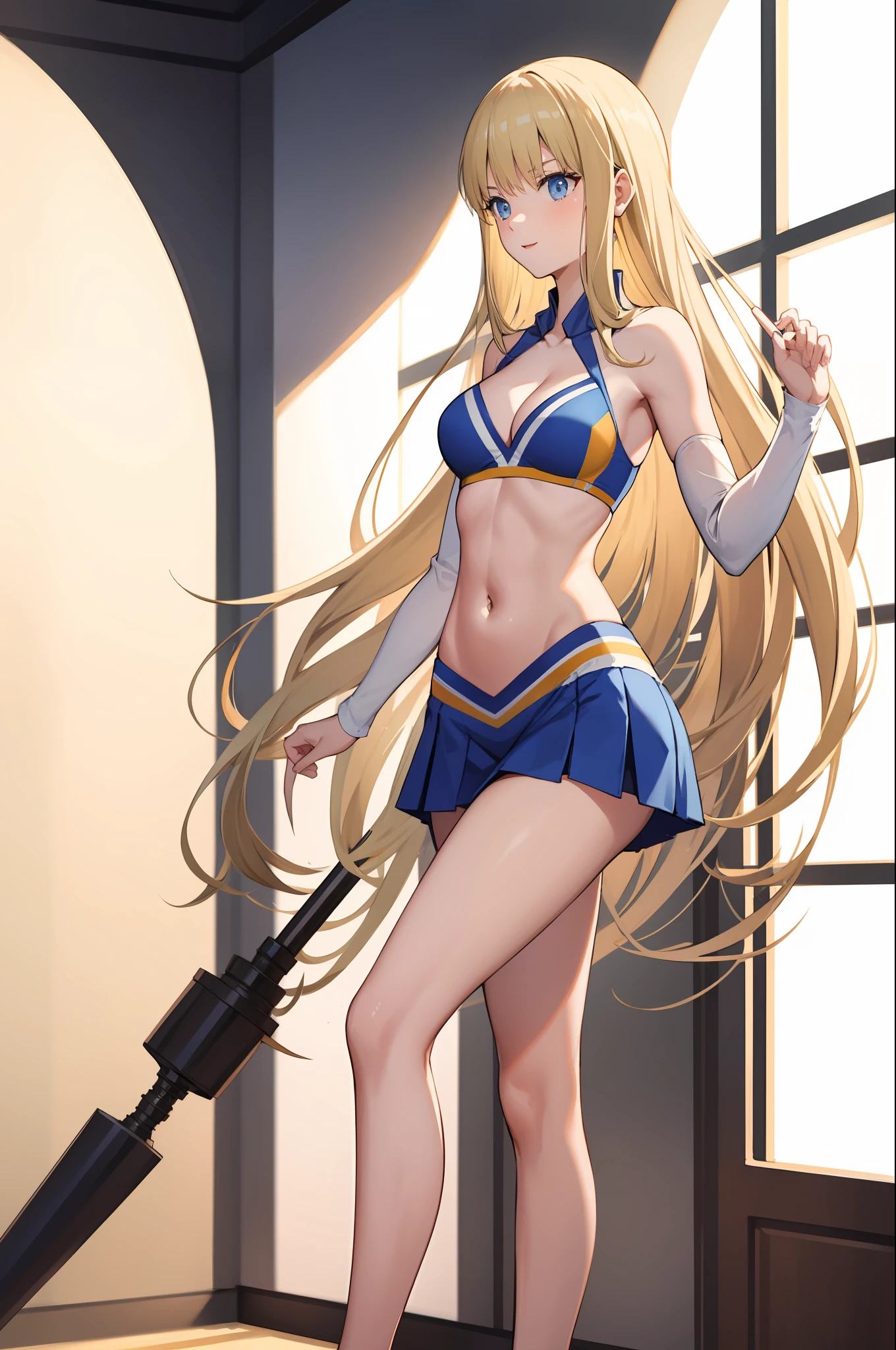 masterpiece, best quality, long hair,  medium breast, cleavage, navel, slim legs, morgan fate blonde hair, class, cheerleader, happy