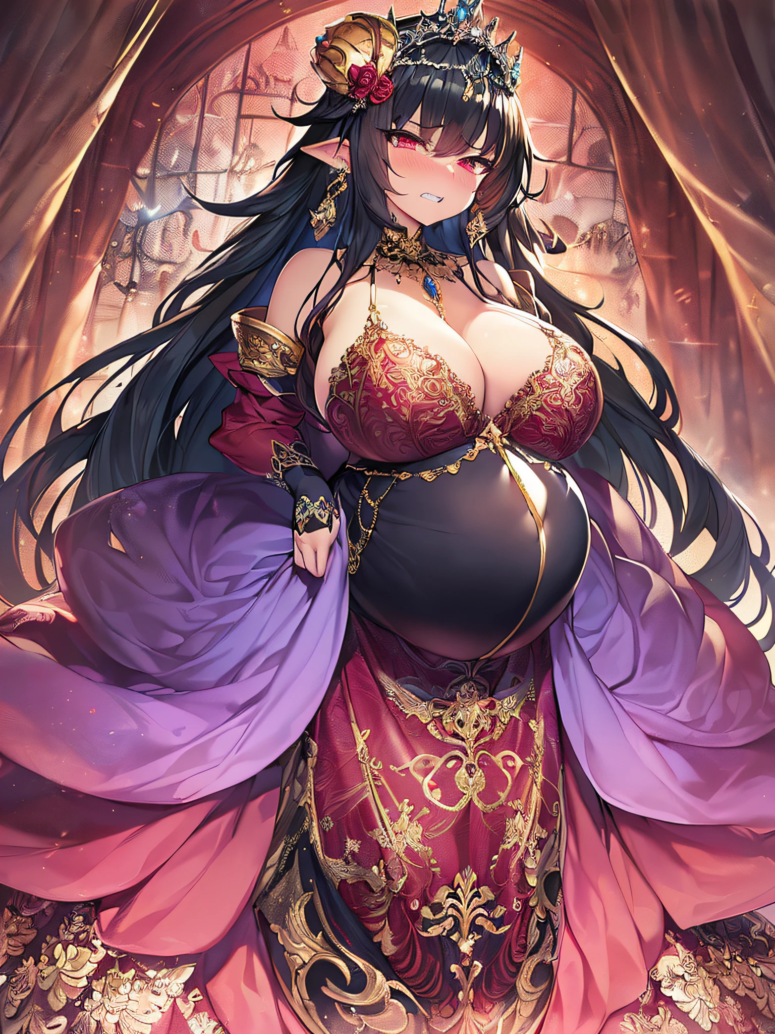 ((anime artstyle)),(Masterpiece),(Best Quality), (Super Detail),((Very Delicate and Beautiful)),Focus on character,Dynamic Angle,Looking at viewer,((Solo)),standing,(((full body))),(((one evil pregnant princess in gorgeous ball gown with voluminous skirt))),detailed face and eyes,((heavily pregnant)),((clenched teeth,blush)),embarrassed,jewel-like eyes,((Very Long voluminous Hair)),gorgeous embroidery and lace,See-through,ornate ruffles,Gorgeous jewelry ornaments,luxury hair ornament,luxury and evil tiara with jewels,(gigantic breasts,Long breasts),full body,(((evil and dark atmosphere))),full body,heavily pregnant,(inside of prison),jeweled evil ball gown,(((gorgeous ball gown with voluminous skirt)))