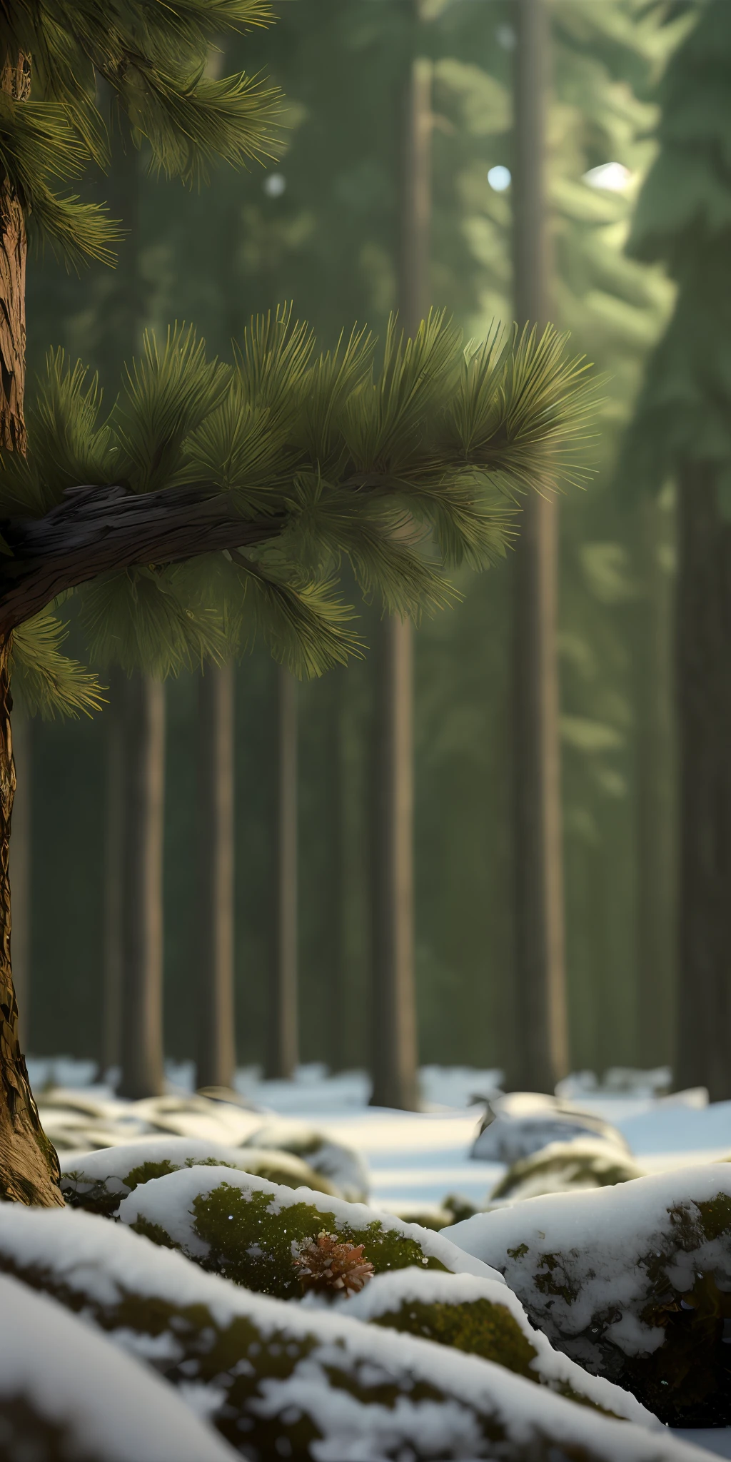 Masterpiece, best quality, high quality, highly detailed CG unity 8k wallpaper, coniferous forest, silence, towering conifers covering the forest floor, severe cold climate, serene beauty, snow, winter, mild summer, breeze, Conifers, branches, bokeh, depth of field, HDR, bloom, chromatic aberration, photorealistic, extremely detailed, popular on artstation, popular on CGsociety, complex, high detail, dramatic, art midway