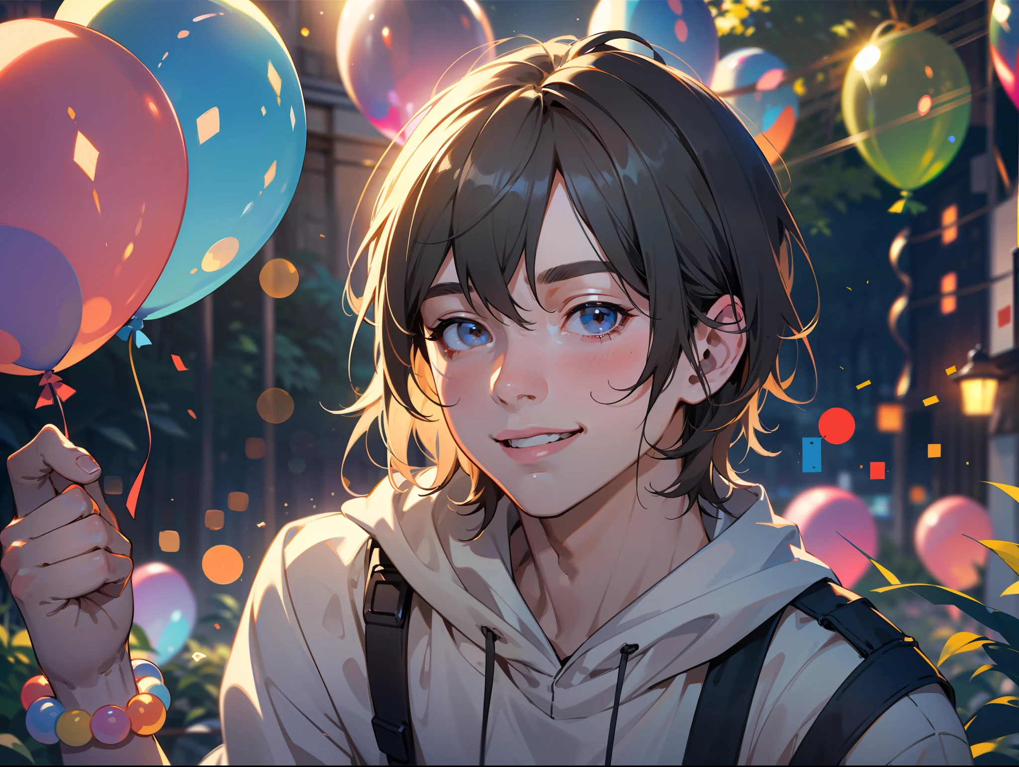 A boy, zoo, many balloons, happy, happy, perfect quality, clear focus (clutter - home: 0.8), (masterpiece: 1.2) (realistic: 1.2) (bokeh) (best quality) (detailed skin: 1.3) (intricate details) (8K) (detail eyes) (sharp focus), (happy)
