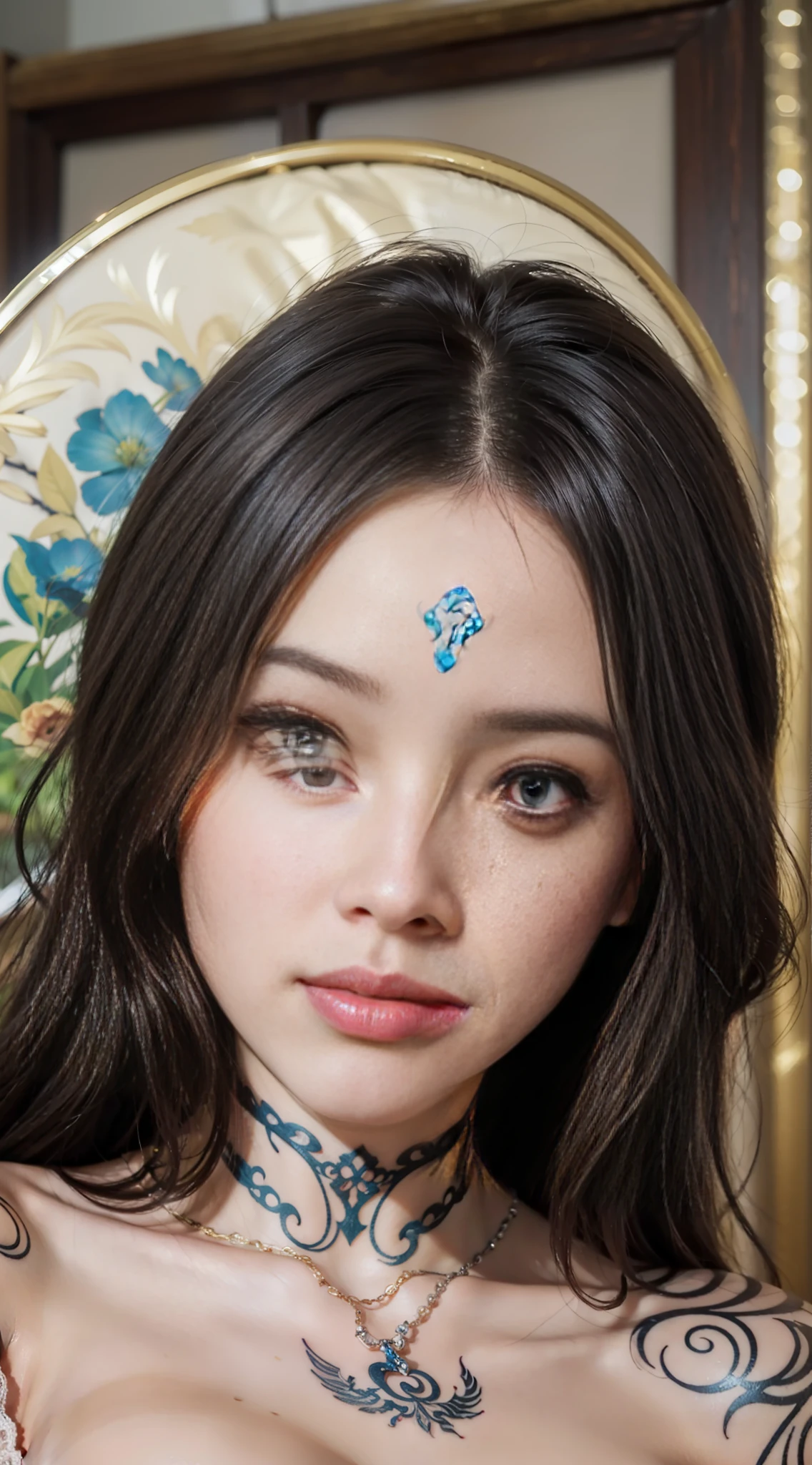 (Extremely detailed, In bed, filigree, Slightly fat, plumw, largebreasts,Sexy and feminine,Refined face, Close-up of people),The left and right eye colors are different(The left eye is red,The right eye is blue),There is a purple flame tattoo in the middle of the forehead