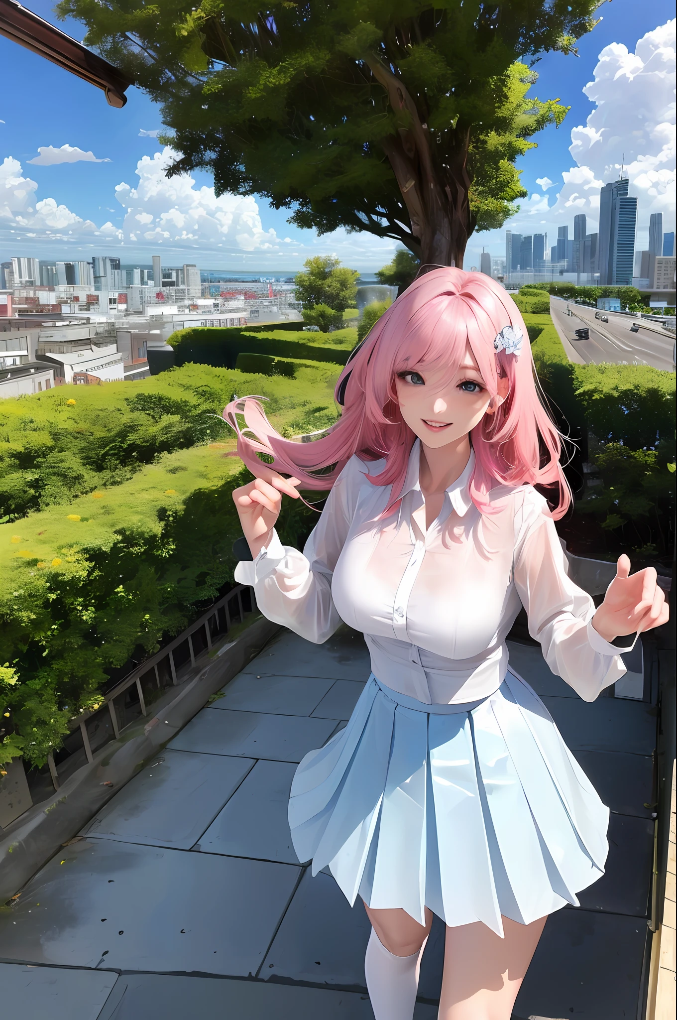official art, masterpiece, sharp focus, (beautiful gorgeous cute Korean woman:1.3), (beautiful cute korean:1.3), korean beauty, Delicate and beautiful hair and eyes and face, realistic, ultra detailed, beautiful girl, blue sky, glow white particle, (sidelighting:1.2), sun light, white cloud, detailed clouds, slender, Lovely very large breasts and very large hips, smile with teeth, ((smile with eyes, open both eyes)), scenery, long straight hair, sexy facial expression, building, (cityscape:1.7), dynamic hair, long straight hair, detailed platinum pink hair, glow blue eyes, (blue pleated shirts + white skirt), white long socks, pale skin, hair ornament, epic scenery,