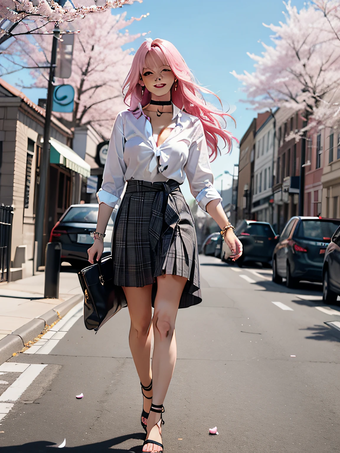 masterpiece, best quality, full body, 1girl, bangs, black choker, black tie, pink hair, blue skirt, blush, bracelet, large breasts, choker, clothes around the waist, collarbone, collar shirt, cowboy shot, dress shirt, ear piercing, eyebrows visible through hair, gradient hair, smile, gyaru, jewelry, kogal, long hair, looking at the viewer, loose tie, tie, piercing, plaid skirt, pleated skirt, red eyes, ring, school uniform, shirt, skirt, smile, solo, white shirt, street, sky, cherry blossoms, petals, illustration, (magazine: 1.3), (cover style: 1.3), elegant, woman, vibrant, clothing, posing, frontal, colorful, dynamic, background, elements, confident, expression, holding, statement, accessory, majestic, rolled, around, touch, scene, text, cover, bold, eye-catching, title, stylish, font, catchy, headline, bigger, impressive, modern, fashionable, focus, fashion,