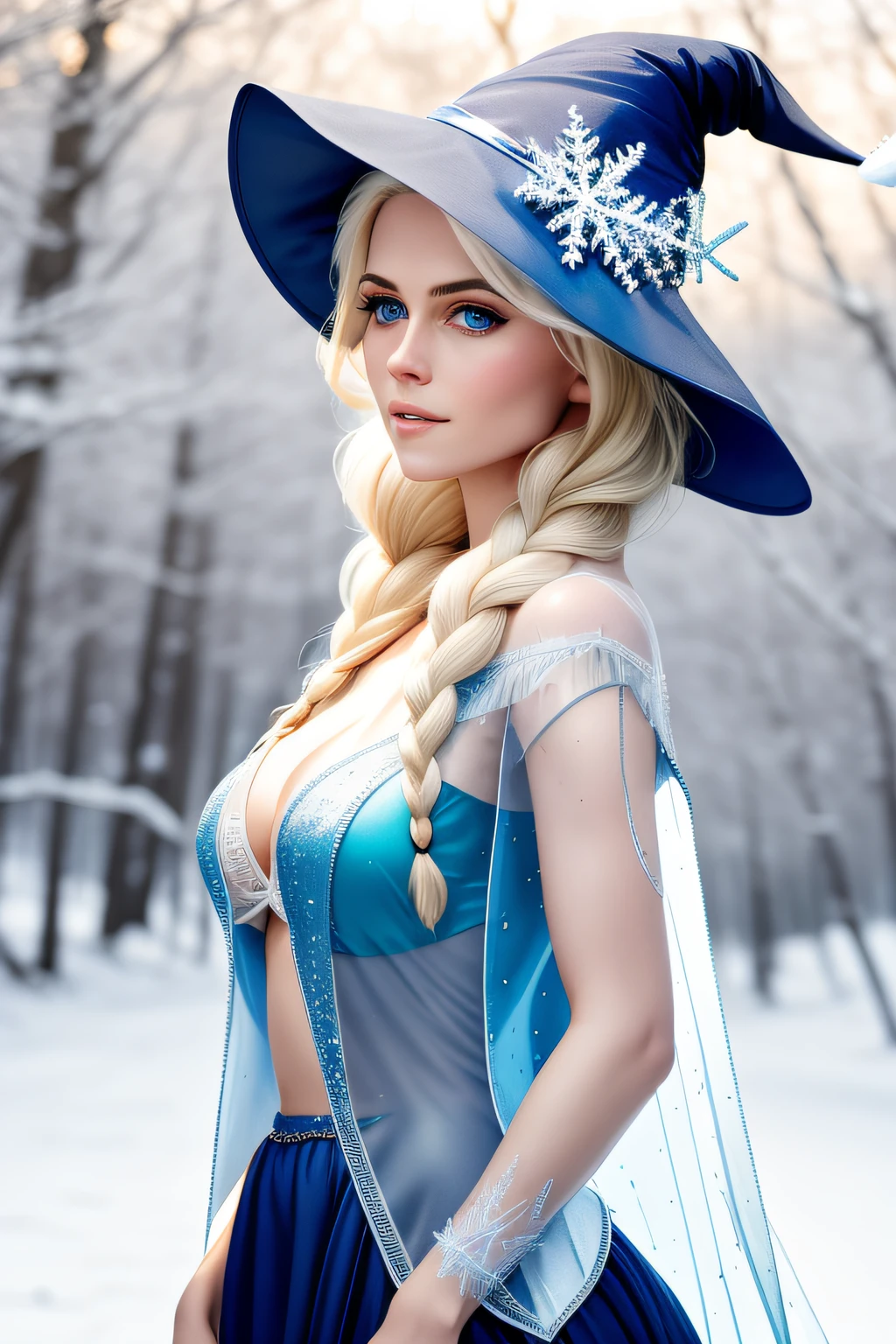 award winning character concept art of, a cute magical witch, blue eyes, blonde hair, blurry_background, witch hat, natural lighting, lips, looking_at_viewer, solo, from side, Digital art women breast view, imagine v1, 9:16 rotate, 8K UHD, cute beautiful Elsa frozen, Frozen transparent dressed, a large open shirt in the abdomen and chest, showing through clothing, short dress princess, Short sexy skirt, beautiful sexy hard breast, transparent skirt and cloak, sexy Elsa, Elsa Disney princess, beautiful Elsa, half open chest dress, beautiful art,