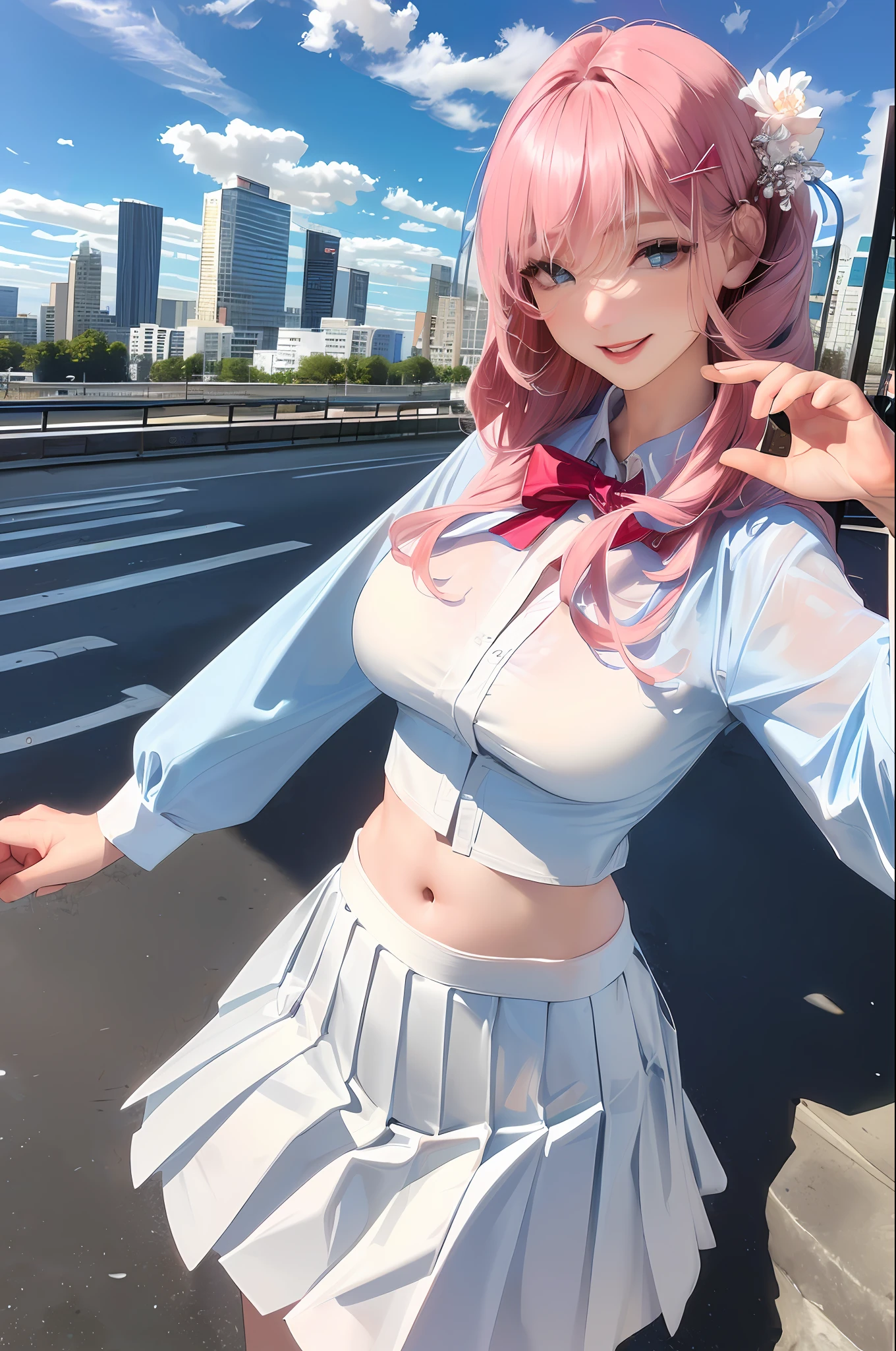 official art, masterpiece, sharp focus, (beautiful gorgeous cute Korean woman:1.3), (beautiful cute korean:1.3), korean beauty, Delicate and beautiful hair and eyes and face, realistic, ultra detailed, beautiful girl, blue sky, glow white particle, (sidelighting:1.2), sun light, white cloud, detailed clouds, slender, Lovely very large breasts and very large hips, smile with teeth, ((smile with eyes, open both eyes)), scenery, long straight hair, sexy facial expression, building, (cityscape:1.7), dynamic hair, long straight hair, detailed platinum pink hair, glow blue eyes, (blue pleated shirts + white skirt), white long socks, pale skin, hair ornament, epic scenery,