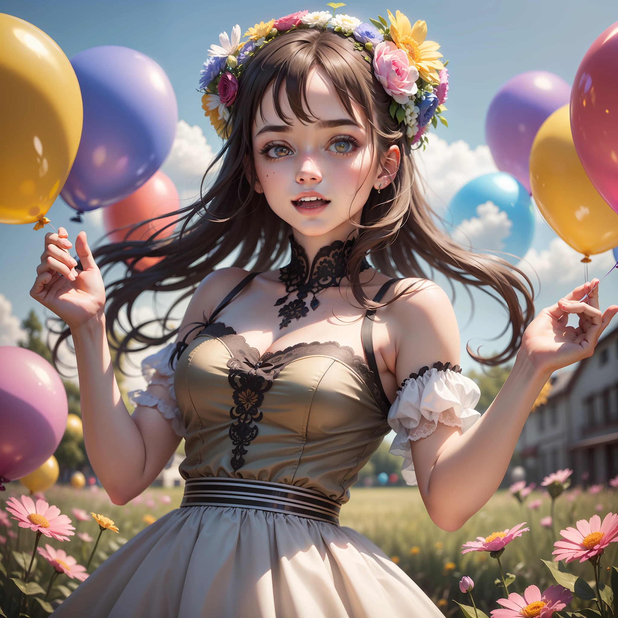 A girl holding flowers, colorful balloons floating in the sky, meadow, dancing, holding flowers, happy, happy, perfect quality, clear focus (clutter-home: 0.8), (masterpiece: 1.2) (Realistic: 1.2) (Bokeh) (Best quality) (Detailed skin: 1.3) (Intricate details) (8K) (Detail Eyes) (Sharp Focus), (Happy)