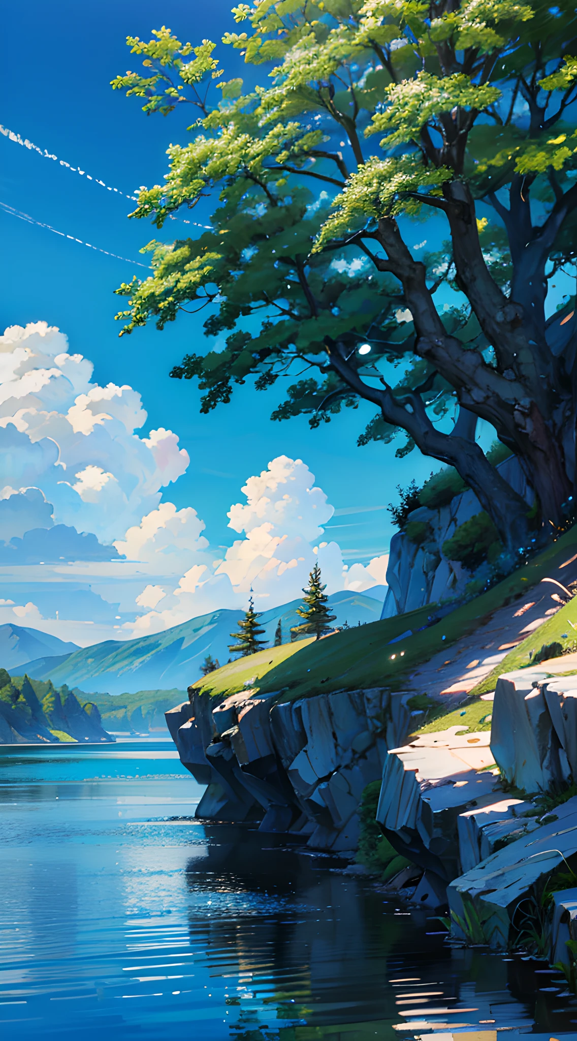 (scenery, masterpiece, best quality:1.6), no human, landscape, 8k, raw photo, absurdres, (open sky,blue sky:1.2), cloud, river, (woods, small waterfall, weeds:0.8), perspective, depth of field, HDR, sharp focus, highres, photography, realistic, highest detailed, extreme detailed, ultra detailed, finely detail