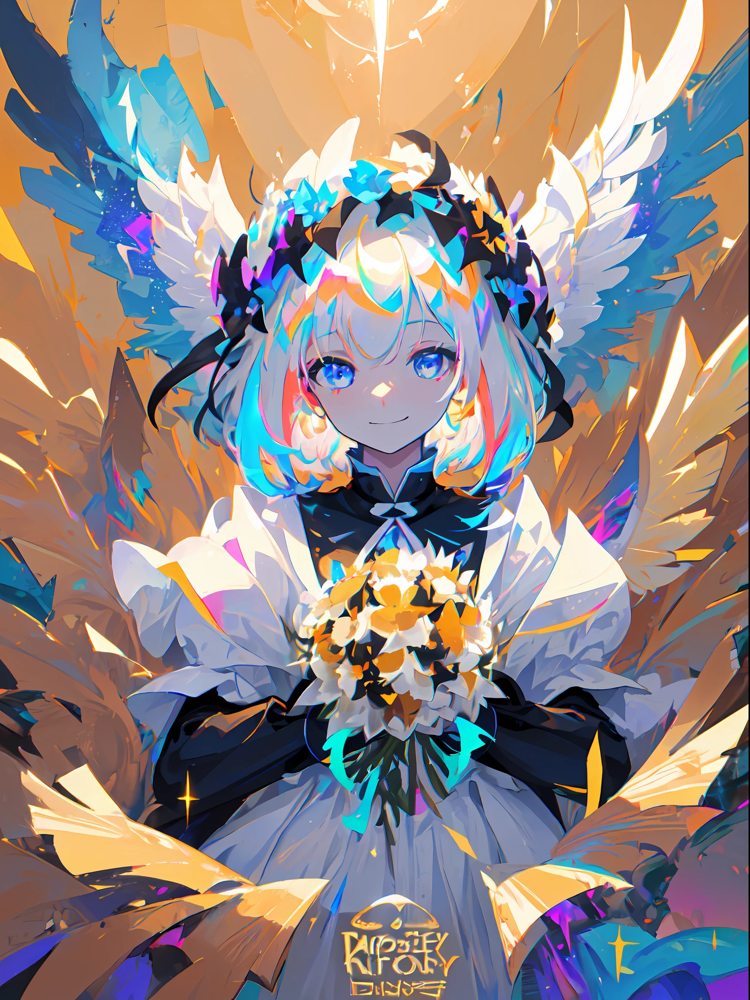 Girl, white hair, short cut , blue eyes, beautiful eyes, smile, happy, white dress, bouquet, holding with both hands, upper body, on grassland, golden sky, (high contrast RGB color angel wings), ((High Contrast RGB Effects, LED Effects, kaleidoscope effects, Shining effects, Glitter RGB effect)), (Ripple Effect:1.2)