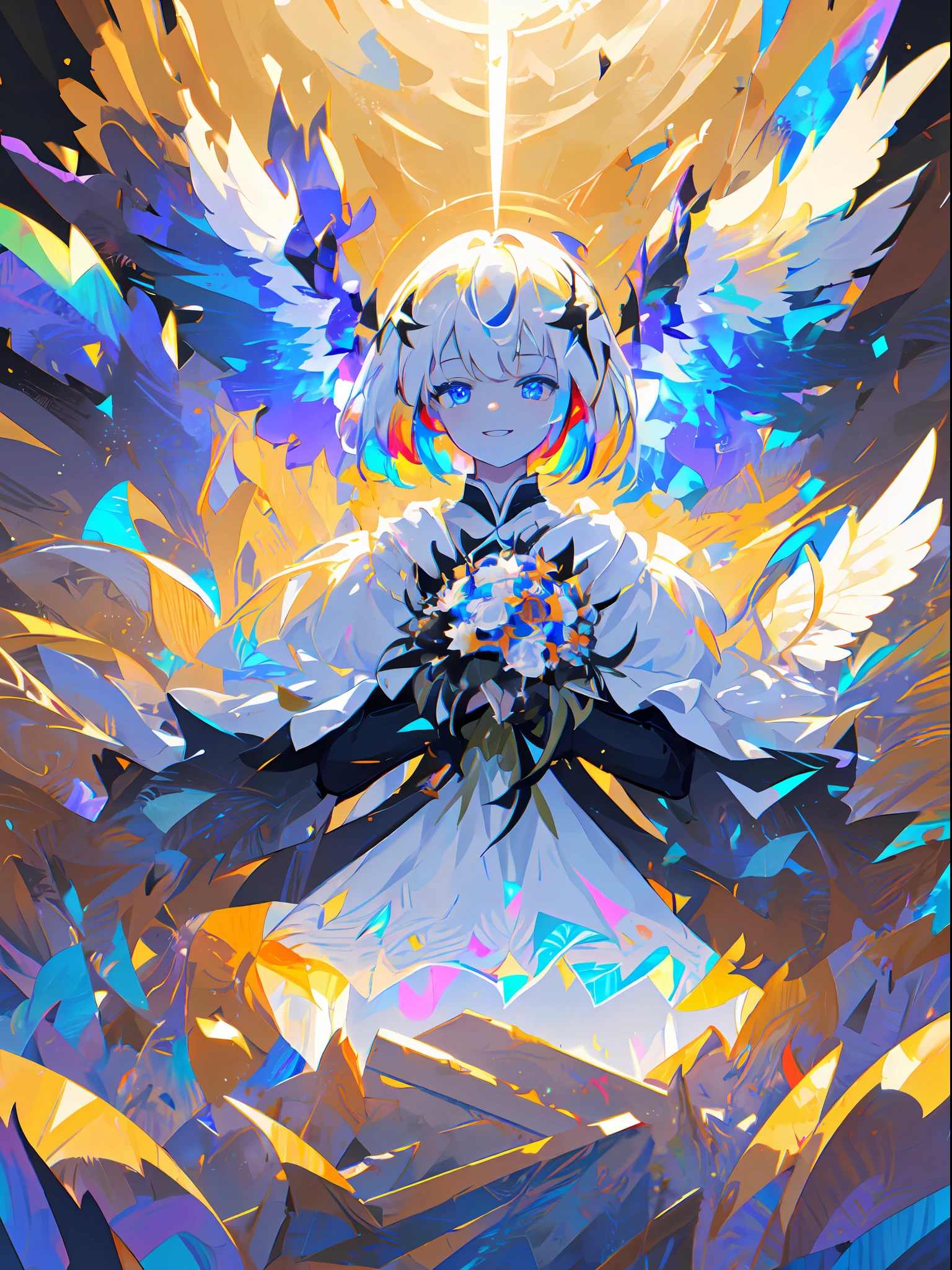 Girl, white hair, short cut , blue eyes, beautiful eyes, smile, happy, white dress, bouquet, holding with both hands, upper body, on grassland, golden sky, (high contrast RGB color angel wings), ((High Contrast RGB Effects, LED Effects, kaleidoscope effects, Shining effects, Glitter RGB effect)), (Ripple Effect:1.2)
