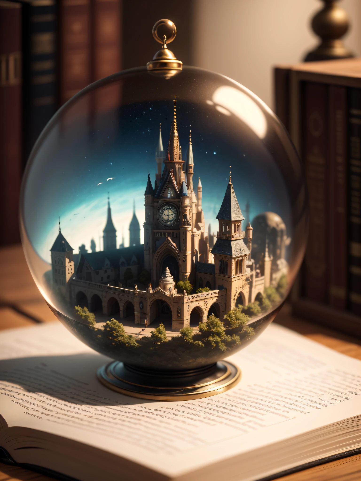 mini\(ttp\), (8k, RAW photo, best quality, masterpiece:1.2), miniature futuristic city in a glass bowl sitting on a old wood study desk, out of focus candles, out of focus books, out of focus maps, out of focus globe