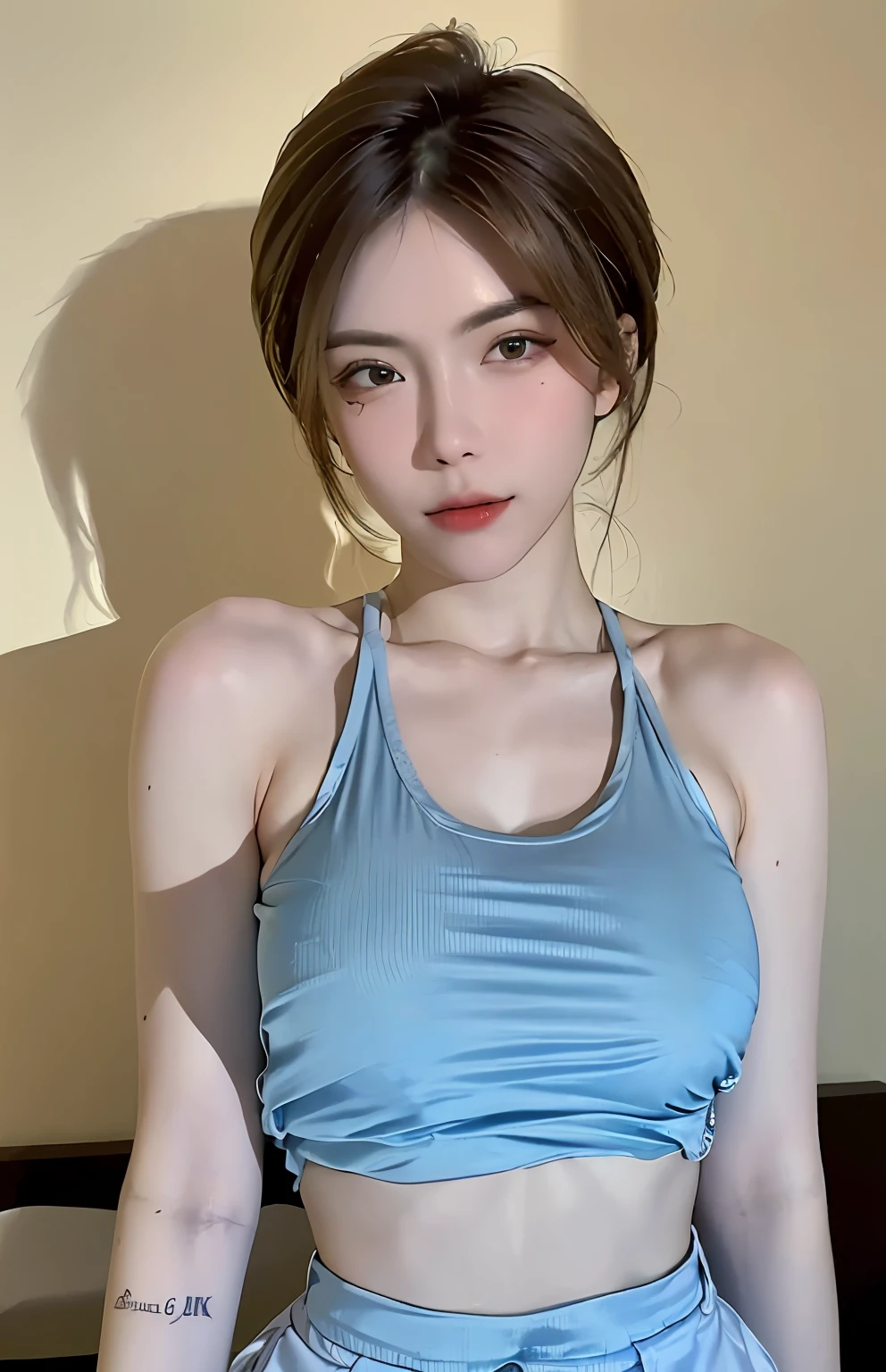 ((Best quality, 8k, Masterpiece :1.3)), Sharp focus :1.2, A pretty woman with perfect figure :1.4, Slender abs :1.2, ((Layered haircut, Big breasts :1.2)), (Tank top shirt :1.1), (Street :1.2), Highly detailed face and skin texture, Detailed eyes, Double eyelid