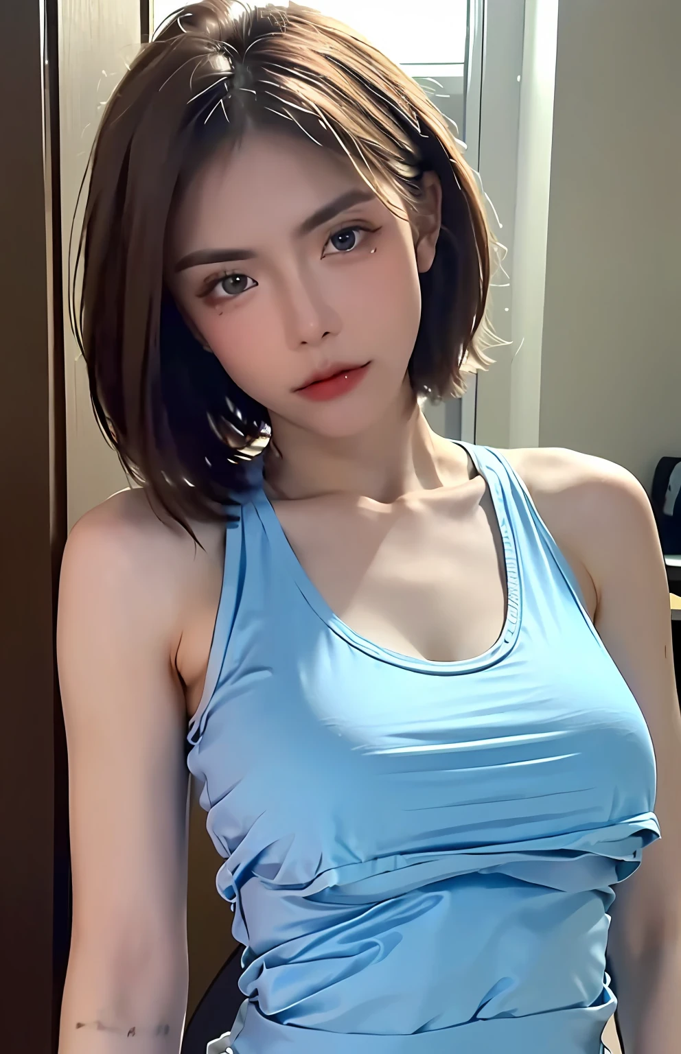 ((Best quality, 8k, Masterpiece :1.3)), Sharp focus :1.2, A pretty woman with perfect figure :1.4, Slender abs :1.2, ((Layered haircut, Big breasts :1.2)), (Tank top shirt :1.1), (Street :1.2), Highly detailed face and skin texture, Detailed eyes, Double eyelid
