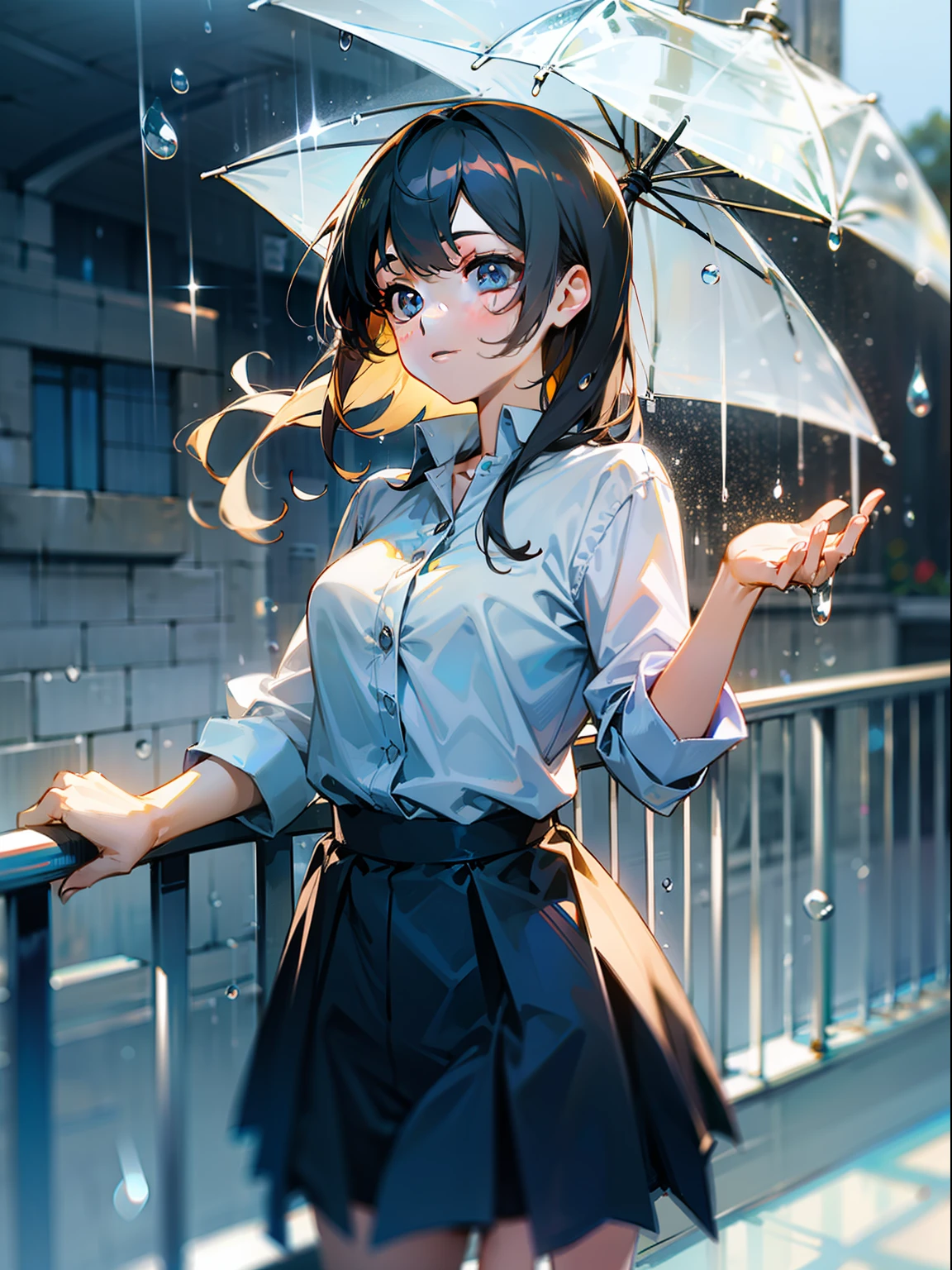 The girl reached out by the railing to pick up the raindrops