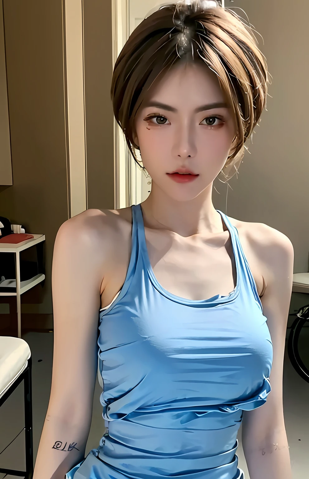 ((Best quality, 8k, Masterpiece :1.3)), Sharp focus :1.2, A pretty woman with perfect figure :1.4, Slender abs :1.2, ((Layered haircut, Big breasts :1.2)), (Tank top shirt :1.1), (Street :1.2), Highly detailed face and skin texture, Detailed eyes, Double eyelid
