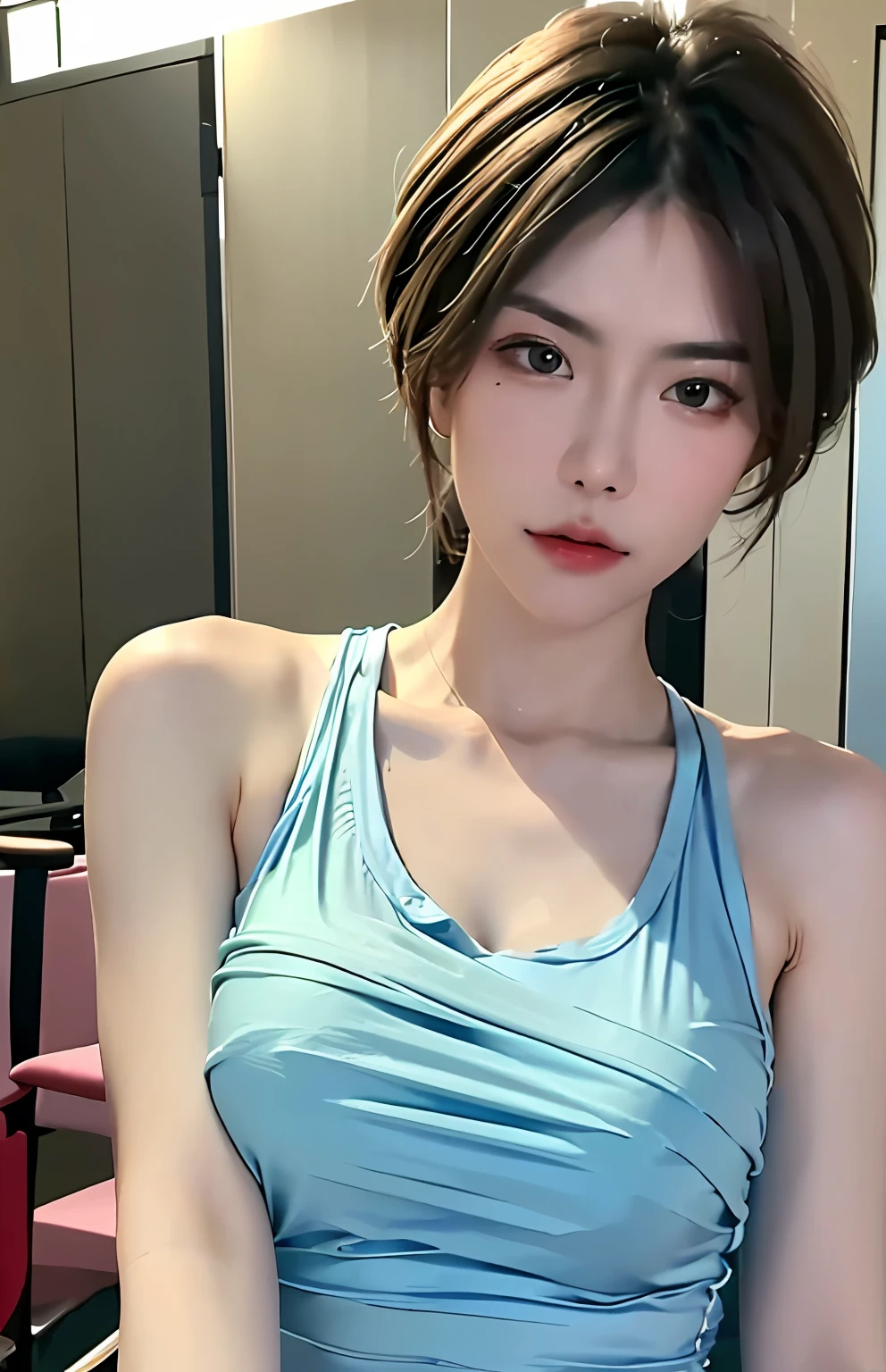 ((Best quality, 8k, Masterpiece :1.3)), Sharp focus :1.2, A pretty woman with perfect figure :1.4, Slender abs :1.2, ((Layered haircut, Big breasts :1.2)), (Tank top shirt :1.1), (Street :1.2), Highly detailed face and skin texture, Detailed eyes, Double eyelid