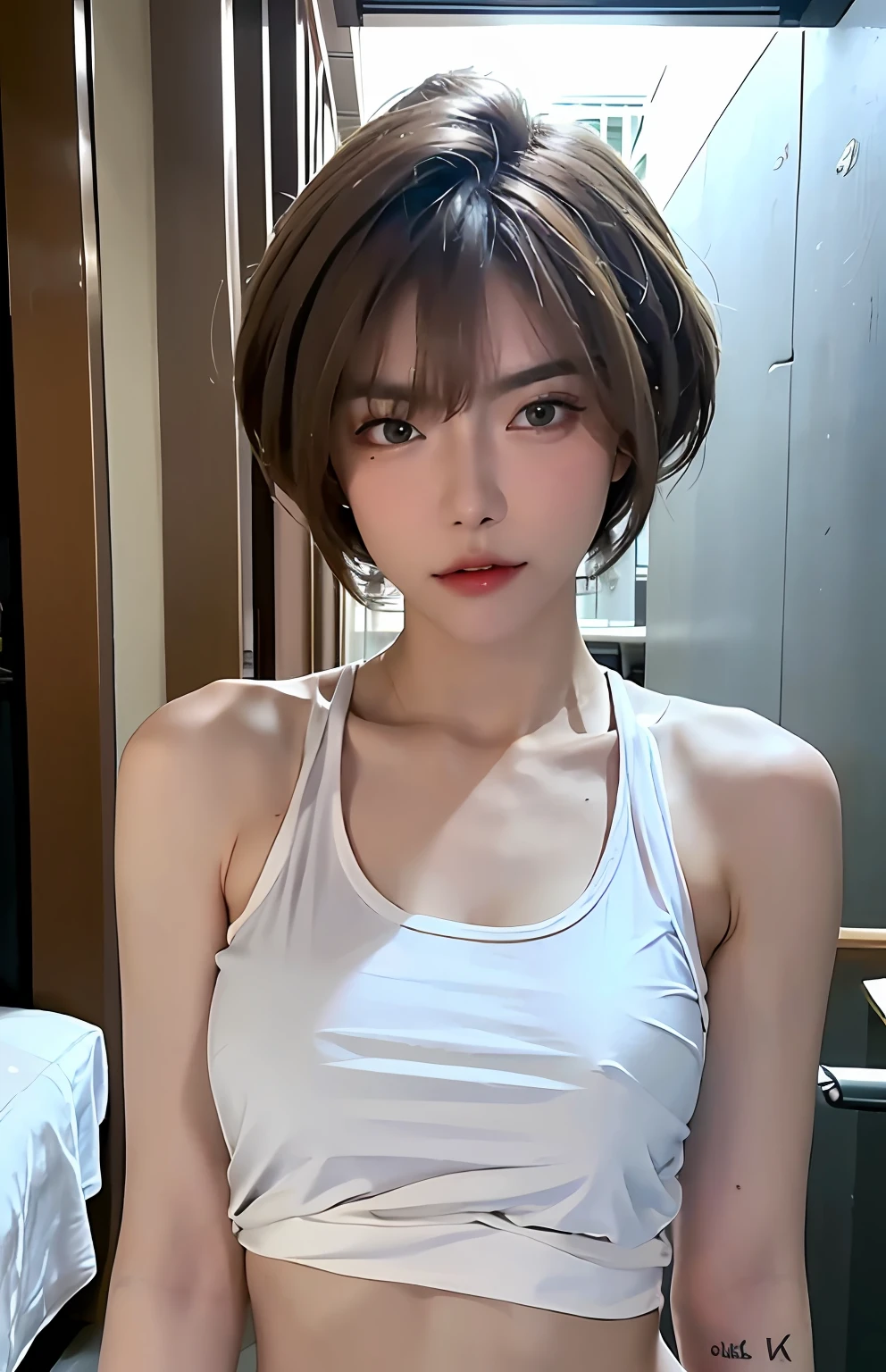 ((Best quality, 8k, Masterpiece :1.3)), Sharp focus :1.2, A pretty woman with perfect figure :1.4, Slender abs :1.2, ((Layered haircut, Big breasts :1.2)), (Tank top shirt :1.1), (Street :1.2), Highly detailed face and skin texture, Detailed eyes, Double eyelid