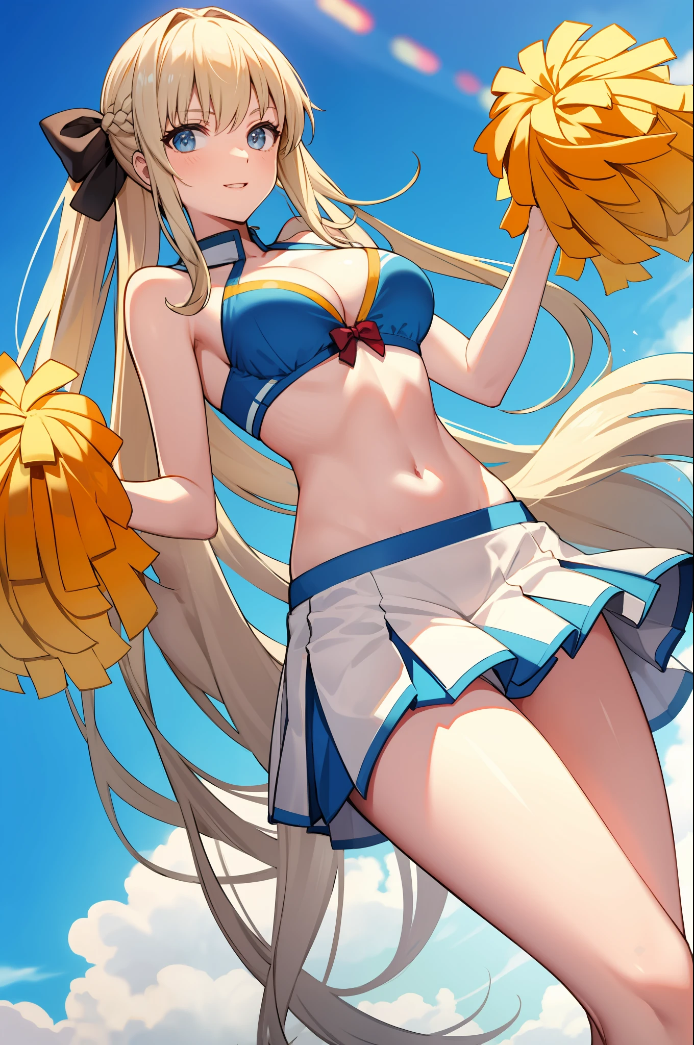 masterpiece, best quality, long hair, medium breast, cleavage, navel, slim legs, morgan fate blonde hair, tracks, cheerleader, happy