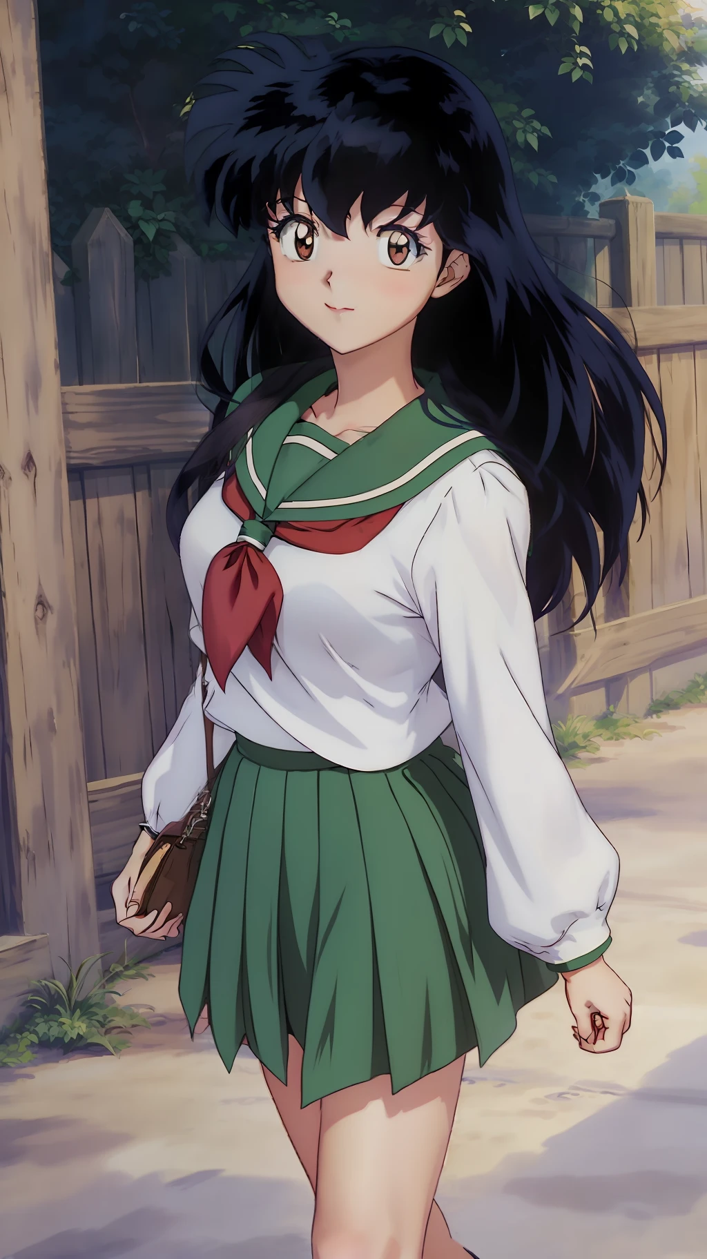 1girl，Kagome Higurashi，brown-eyed，Whole human body，photorealestic，（Hyper-realistic：1.2），perfect drawn eyes，Perfect face，Perfect lighting，plein-air，warmtones，school dress，cheerfulness，taking a walk，