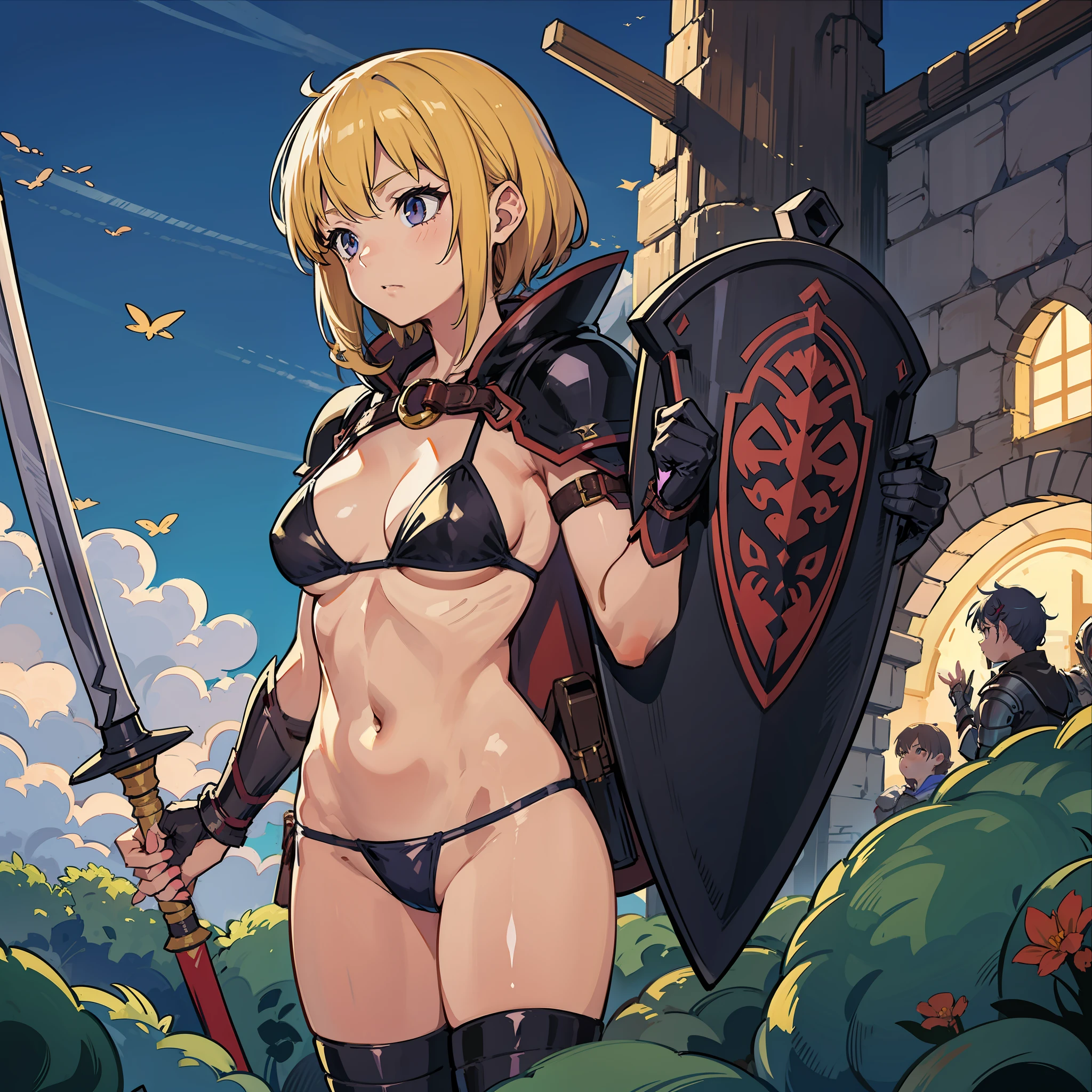 A schoolgirl、Isekai Tensei、Fantasy World、Female Warrior、bikini-armor、fundoshi、pouch、shields、Sword of Extraction、Swarm of goblins、Desperate、Chastity crisis