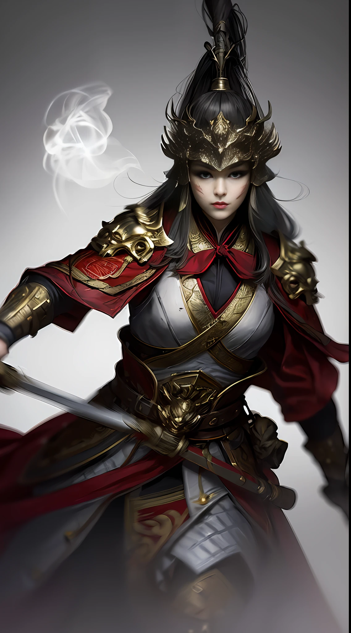 1woman,Gray pupils,Scratched face,shelmet,Ancient Chinese Battlefield,Ancient battlefield fighting background,Hold a delicate sword in hand(The sword is in sight),Kill to impress the scene,Outrage,Tuuli,smoke of gunpowder,motion-blur,Half-body,brightly,masterpaintings,最佳质量,32K