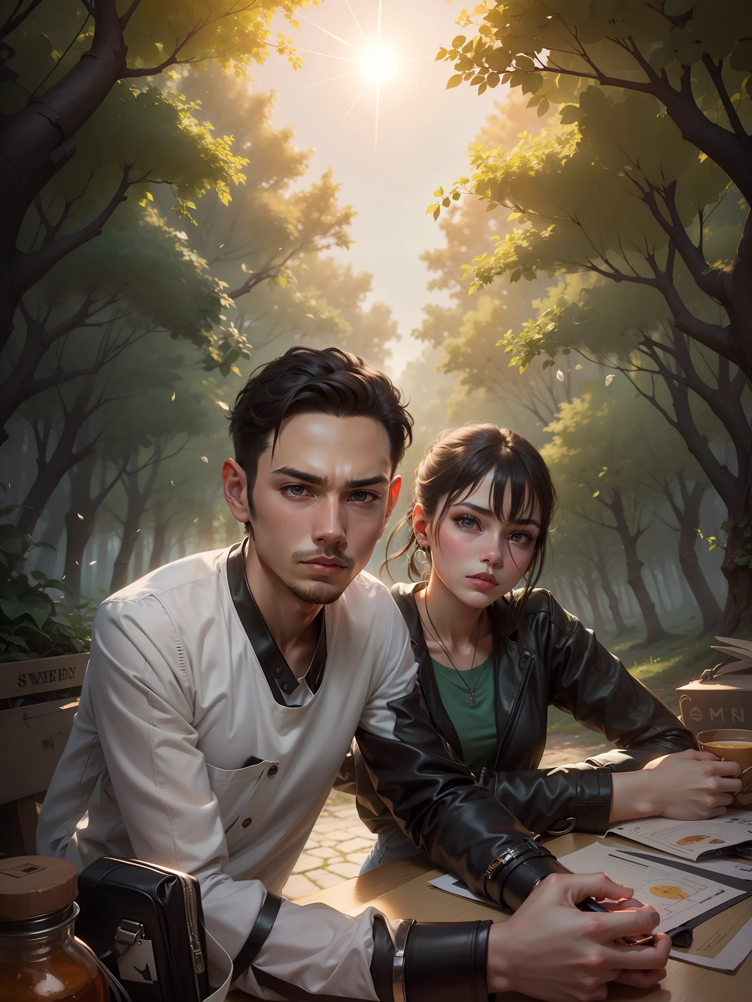 best quality, {best quality}, {{masterpiece}}, {highres}, {field field}, extremely detailed couple, illustration, couple, 1boy, 1girl, couple, love, love, romantic, sharp focus, male focus, female focus, black hair, violet eyes, sun, sunlight, lifting, t-shirts, men's leisure clothes, expressionless, women's fashion, forest, flowers --auto --s2