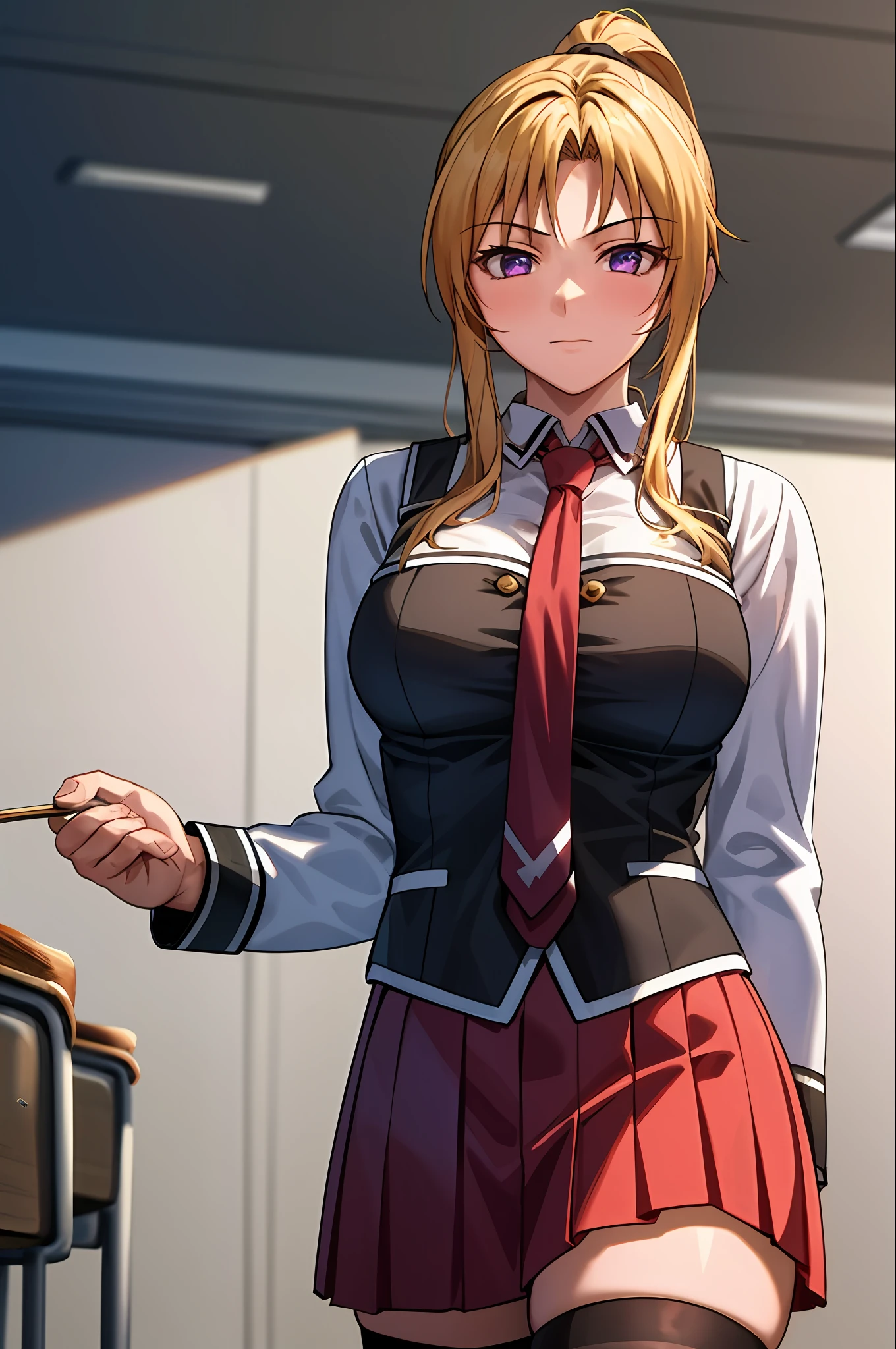 masterpiece, best quality, highres, 1girl kaori saeki, school uniform spaghetti strap black vest red necktie red skirt black thighhighs, classroom, cowboy shot, (smug:0.3), looking at viewer, focus solo