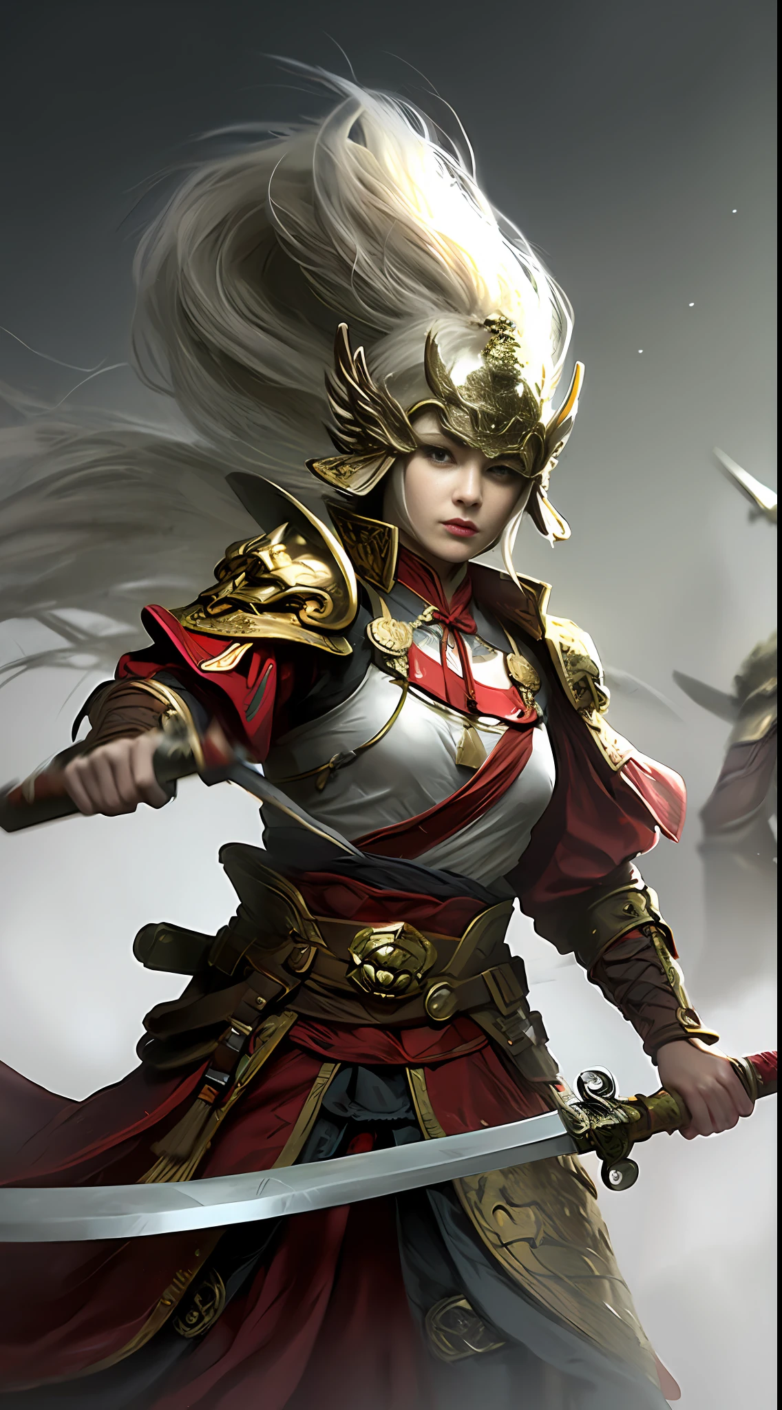 1woman，The face is delicate，Gray pupils，Scratched face，shelmet，Ancient Chinese Battlefield，Ancient battlefield fighting background，Hold a delicate sword in hand(The sword is in sight)，Kill to impress the scene，Outrage，Tuuli，smoke of gunpowder，motion-blur,half-body，brightly，masterpaintings，最佳质量，32K