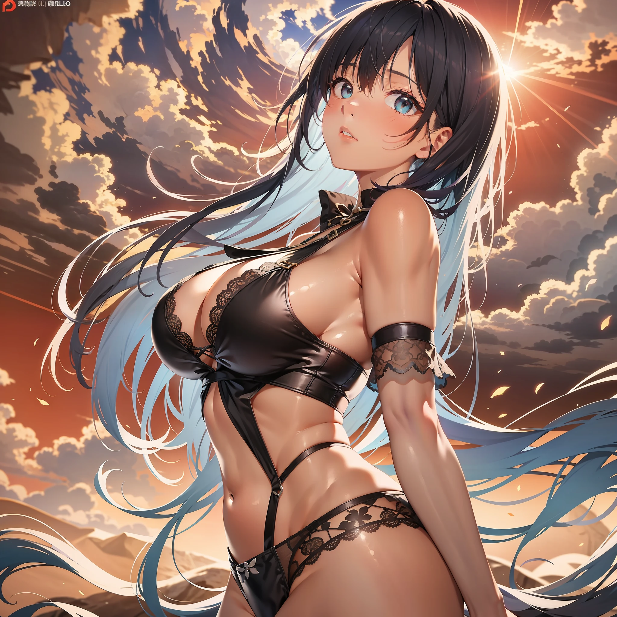 1girl huge large breasts, Beautiful, fours, Underwear and arched back, on the pretty sands beach, Panty, sunlight on her face, white sands beadch, Beautiful sunshine, in the afternoon, Red sky, CG, a nice picture, eye reflections, aqua eyes, Shy, Gradient hair, Silver hair, Black hair, Purple hair, Long hair, Ray tracing, reflective light, blurryforeground, from from side, zoom layer, 巨作, Best quality, Anatomically correct, Textured skin, ultra high def, high resolucion, 1080p, HD