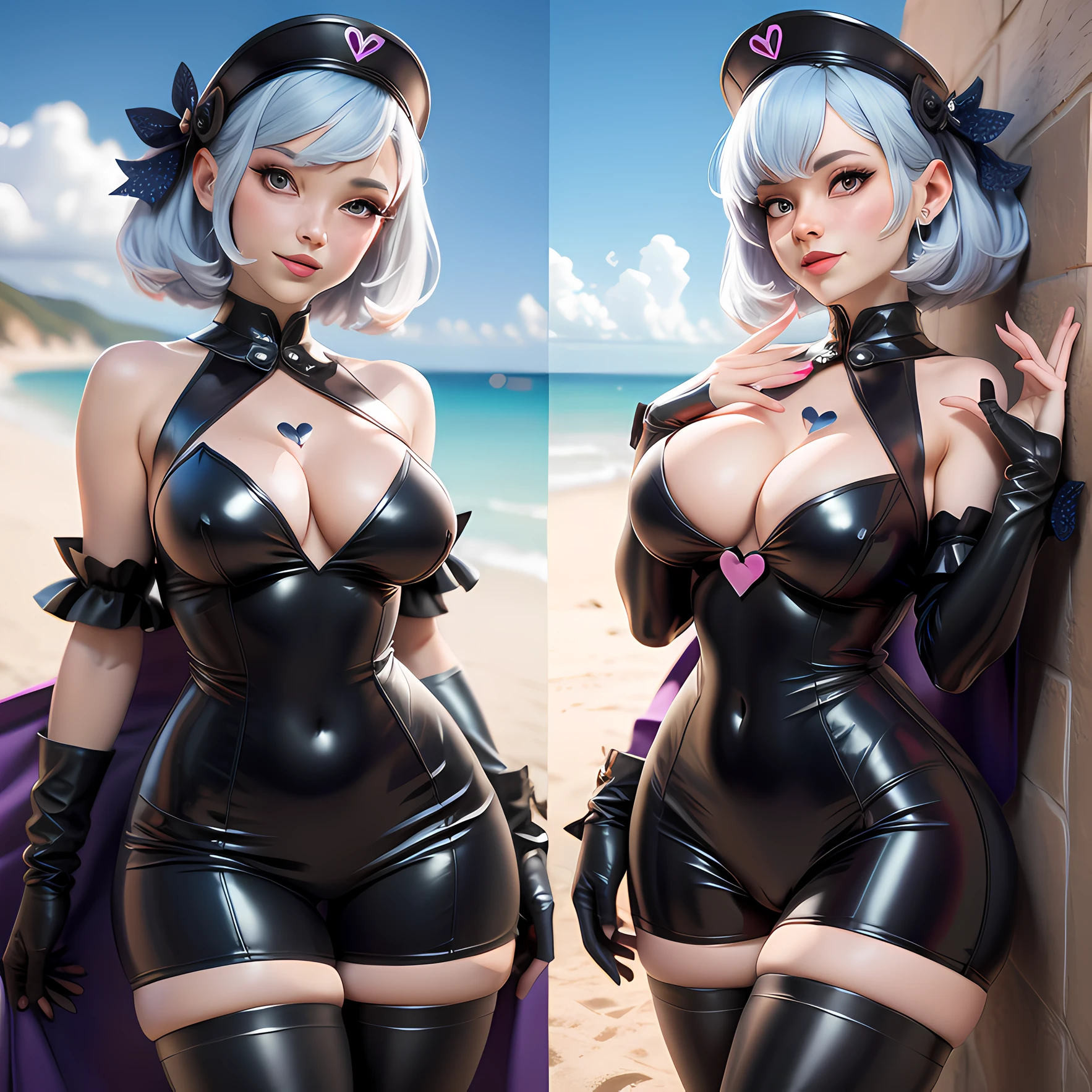 Eine vollbusige frau, Who makes a heart with her hands, blaues latex outfit, sonniger strand