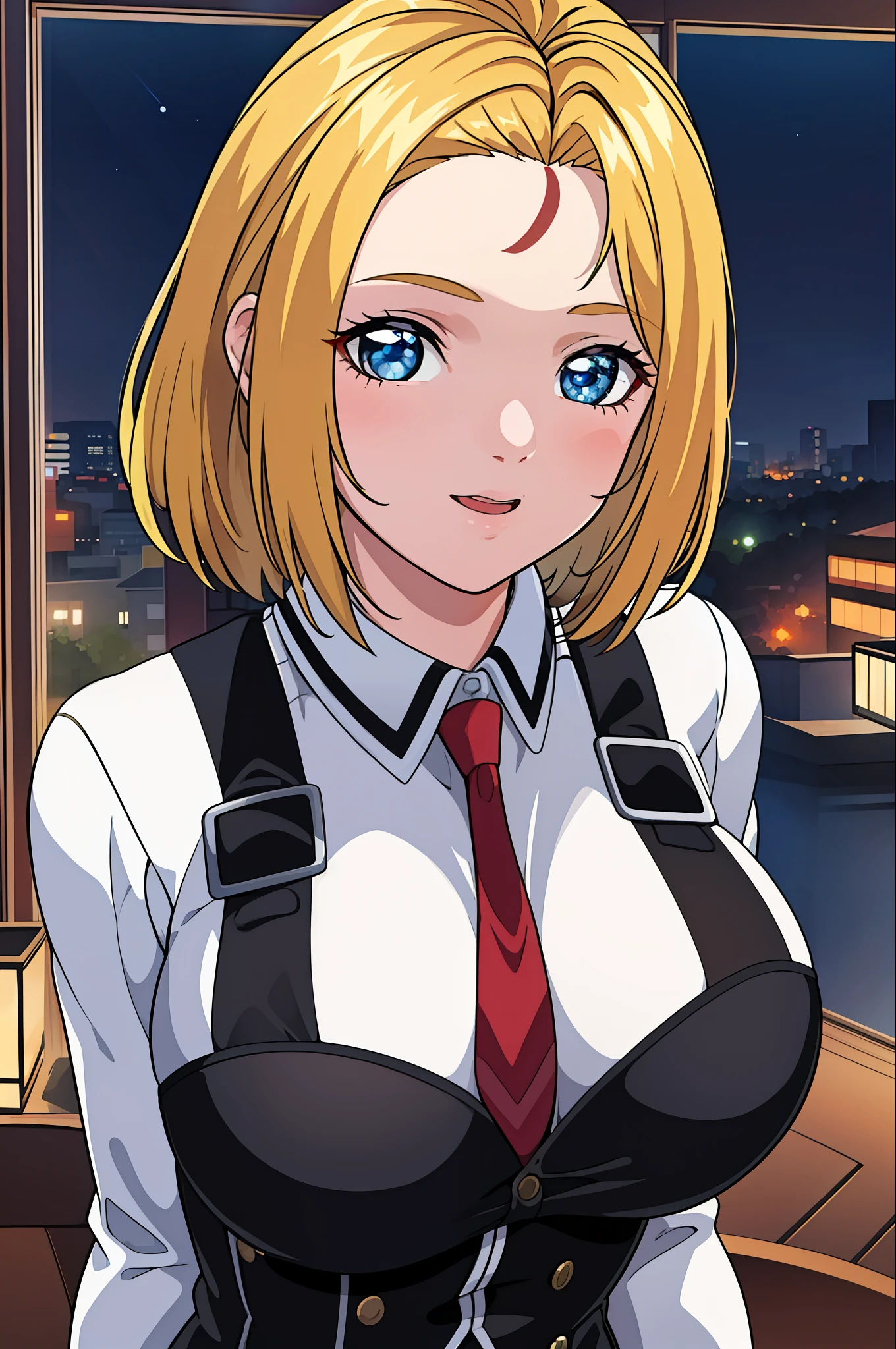 (Night:1.7), Japan, Tokyo, CityView, Before Window,
Standing at attention,(Upper_body:1.3),
White_shirt,long sleeves,Red pleated skirt, uniform,thighhighs,long sleeves,(belt:1.2),Red Tie,(Black_vest:1.3),
blonde hair,Short_hair,parted Bangs,blue eyes,Forehead,
1 girl, 20yo,mature female,Beautiful Finger,Beautiful long legs,Beautiful body,Beautiful Nose,Beautiful character design, perfect eyes, perfect face,
looking at viewer,girl in the center of the image,
NSFW,official art,extremely detailed CG unity 8k wallpaper, perfect lighting,Colorful, Bright_Front_face_Lighting,
(masterpiece:1.0),(best_quality:1.0), ultra high res,4K,ultra-detailed,
photography, 8K, HDR, highres, absurdres:1.2, Kodak portra 400, film grain, blurry background, bokeh:1.2, lens flare, (vibrant_color:1.2)
(Beautiful,Large_Breasts:1.2), (beautiful_face:1.5),(narrow_waist),