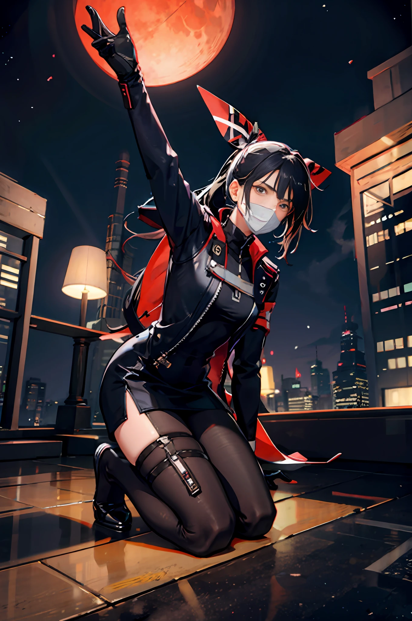 （（（1 teenage boy）），raytraced，（dimly lit by），[detailedbackground（Black night sky）），（（cabelos preto e longos）），（（black color hair）），（（（（（Black hair with fluffy hair））Wears a high ponytail）））Look straight ahead under the night sky（（（（The boy wears a crimson tech-style Assassin tights and a tech-inspired mask to cover his mouth）And wear naked finger gloves），Showing a delicate and capable body，Correct limbs，Half kneeling on the roof of the building