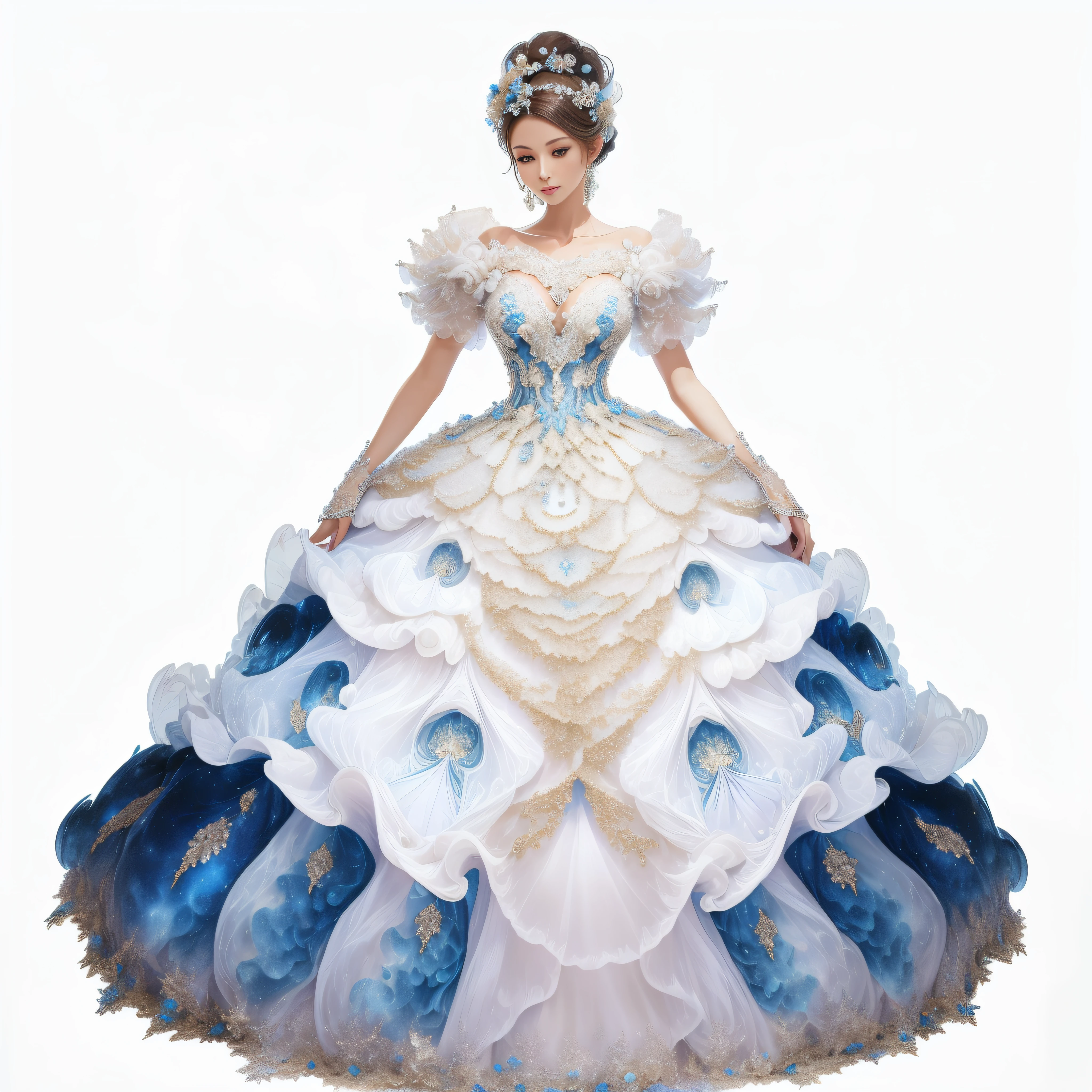 a goddess wearing a majestic white and blue ball gown dress, big beautiful dress, intricate puffy ball gown with lots of ruffles and rhinestones (Masterpiece, Top Quality, Best Quality, Official Art, Beautiful and Aesthetic: 1.2), (1 Flower), Full Body, Extremely Detailed, (Fractal Art: 1.3), Colorful, Most Detailed