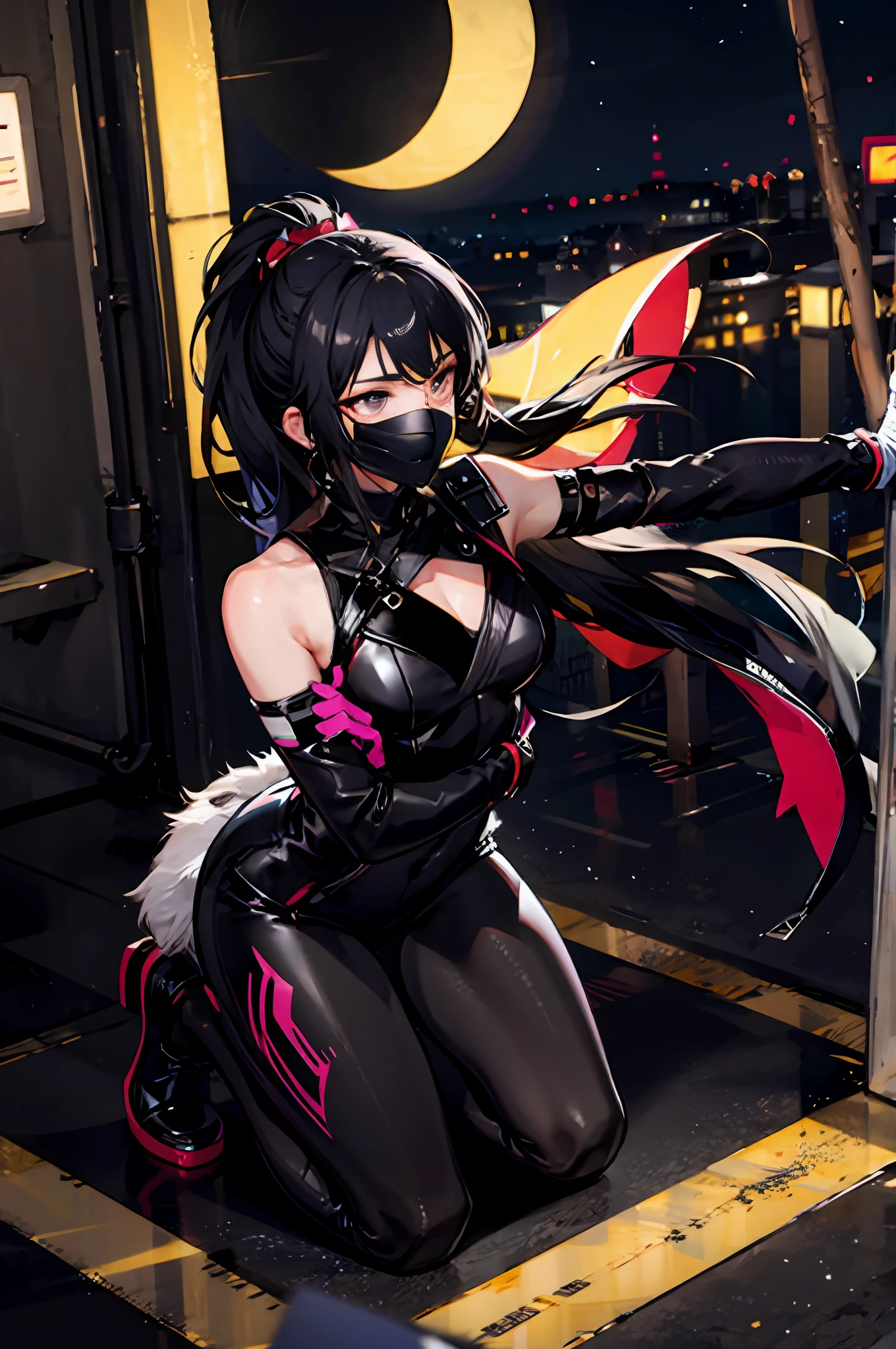 （（（1 boy）），raytraced，（dimly lit by），[detailedbackground（Black night sky）），（（cabelos preto e longos）），（（black color hair）），（（（（（Black hair with fluffy hair））Wears a high ponytail）））Look straight ahead under the night sky（（（（The boy wears a crimson tech-style Assassin tights and a tech-inspired mask to cover his mouth）And wear naked finger gloves），Showing a delicate and capable body，Correct limbs，Half kneeling on the roof of the building