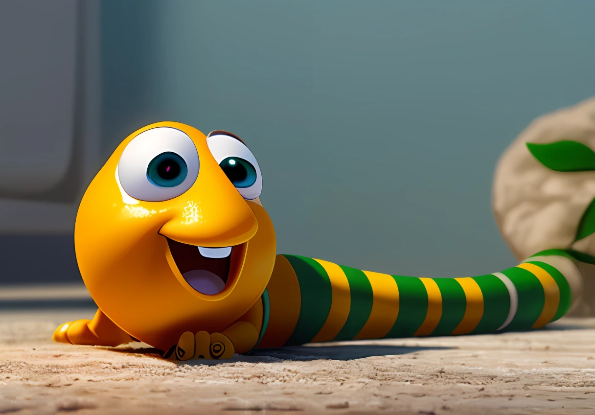 Colorful long caterpillar closeup, 9 0 seconds CGI, Tubular caterpillars, caterpillar with long fluffy hair, Depicting a caterpillar's sectioned body, red head with antennae , black spots adorning the bodydepicted ,as a Pixar character, 1 9 9 8 rendering, Pixar rendering, from Toy Story, 2001 Pixar movie stills, rendering of cartoon character, 3D model Pixar rendering, Pixar character, as a clay character, promotional rendering