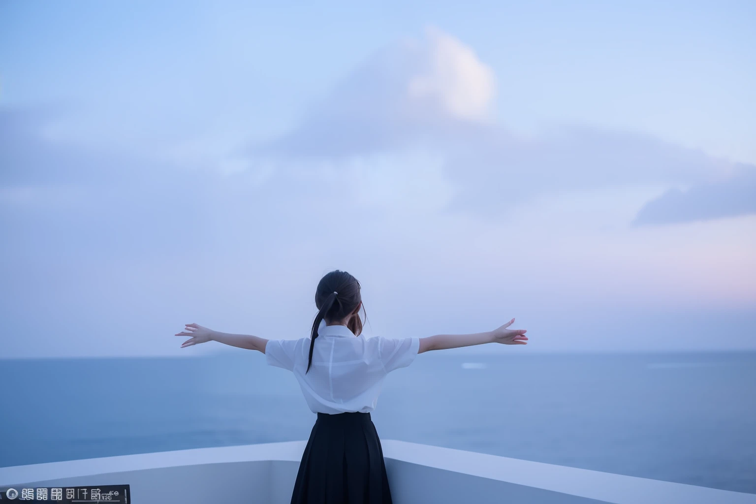 There was a woman standing on the balcony,arms reaching up, looking at the ocean, overlooking the ocean, looking at the ocean, beautiful girl on the horizon, panoramic view of girl, gazing off into the horizon, during sunrise, looking at the ocean, looking up to the sky, girl watching sunset, panoramic centered view of girl --auto