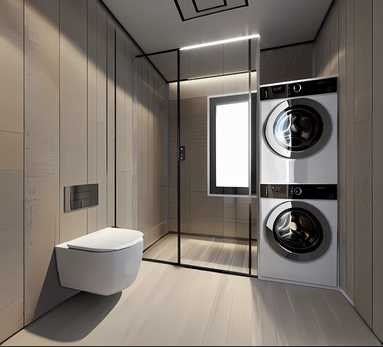 washing machine，dryer，Wall-hung toilet，Built-in shower，Glass shower room，windows,Floor tiles，Wall tiles，Integrated suspended ceiling on the top surface，Warm air bath bomb，There is no sink，There is no washbasin，A little oblique perspective，The washer-dryer is on the right，realisic，a 3D render，Modern washing machine，Ultra photo realsisim， nmasterpiece， 最佳质量， Ultra-detailded， ultra-high-resolution， OriginalPhoto， 8K