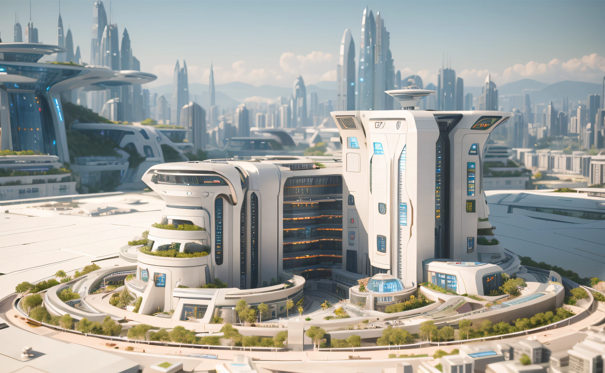 (ultra -detailed:1.4),Hospital building,Complex modern sidewalks,Complex modern cityscape,Large structured city of Valhalla,Fantasy sci-fi city,Huge futuristic hospital complex,Solar punk futuristic utopia,Future City,Extreme detail,Realistic lighting,Epic composition,(Complex details),(Complex design,ultra detaile:1.2),art stations,(nmasterpiece,最佳质量),ultra high def,32K --v 6