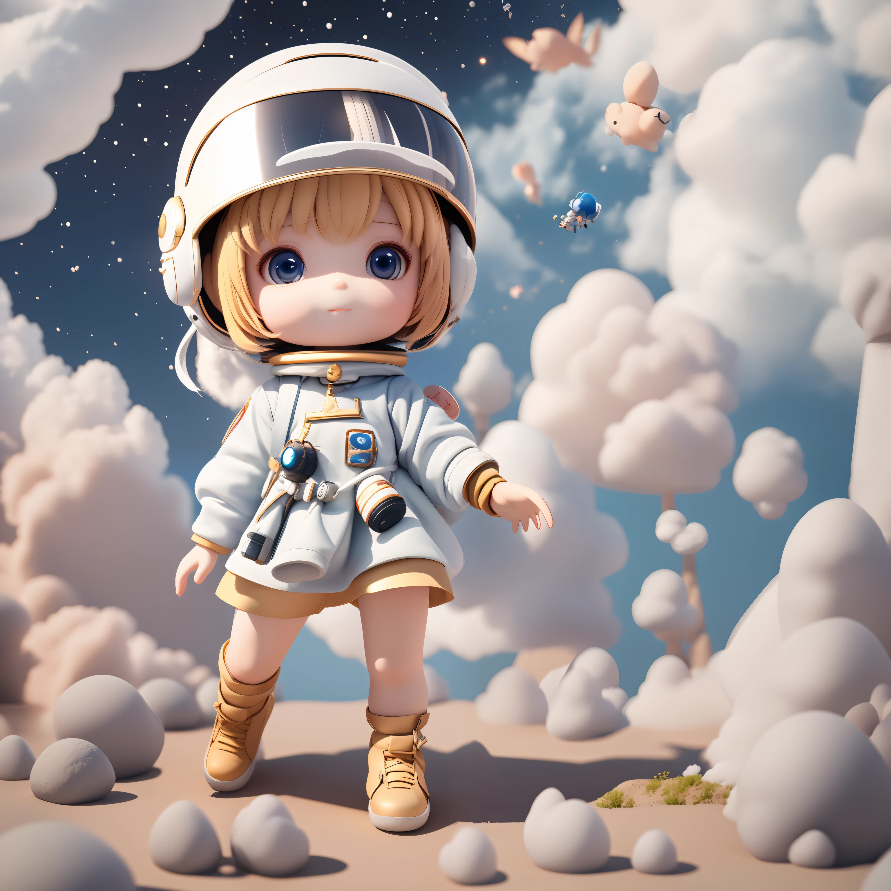 A cloud sprite|white hair looks like cloud|Big eyes|Small mouth|White body|Soft, smooth and lovely|can fly in the sky|3D world|