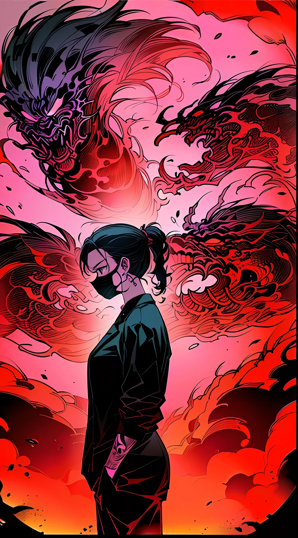 A beautiful girl with delicate facial features and an industrial gas mask, white double ponytail, demon horns on her head, tattoos on her face, a scientific and technological heavy fire machine gun, black background, black mist, pink breath spit out from the mask, from the side