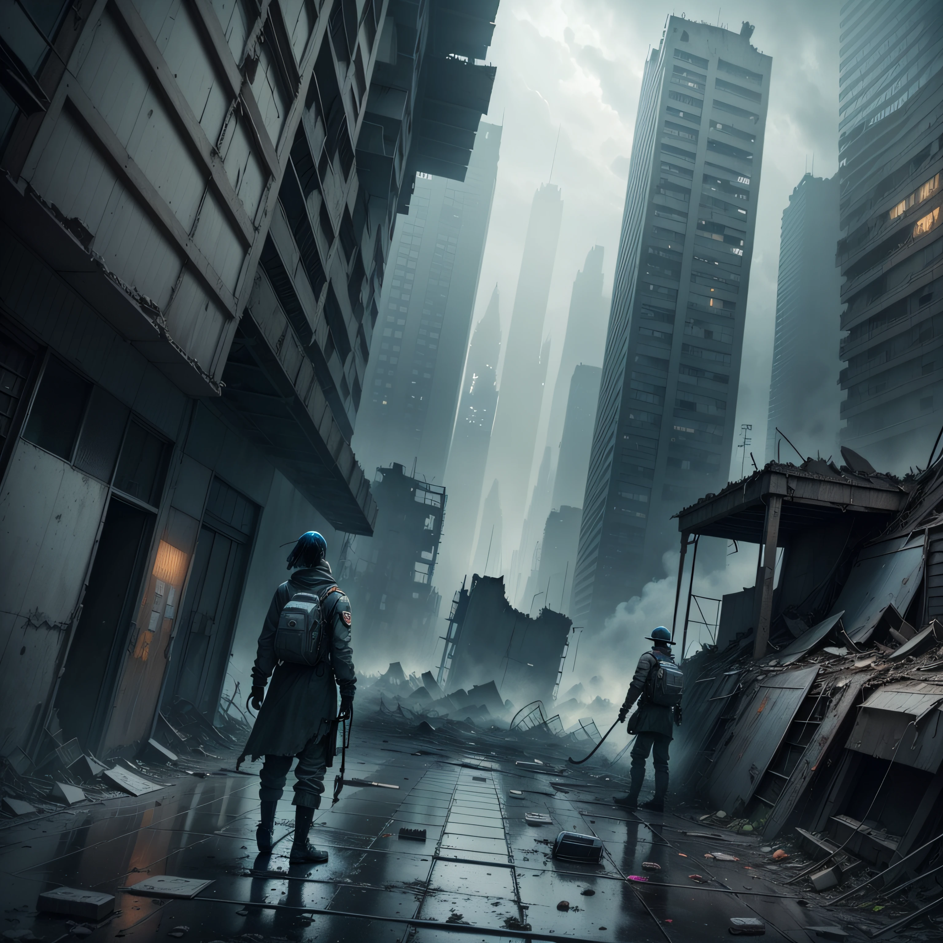 Pintura de lavagem de tinta, 1 cara sem-teto com poderes de fogo. na rua movimentada, uma cidade superpovoada cyberpunk movimentada ao fundo, pessoas segurando armas, cyberpunk, cinematographic, altamente detalhado, render octano, volume illumination, luz suave, tiro de corpo inteiro, --auto